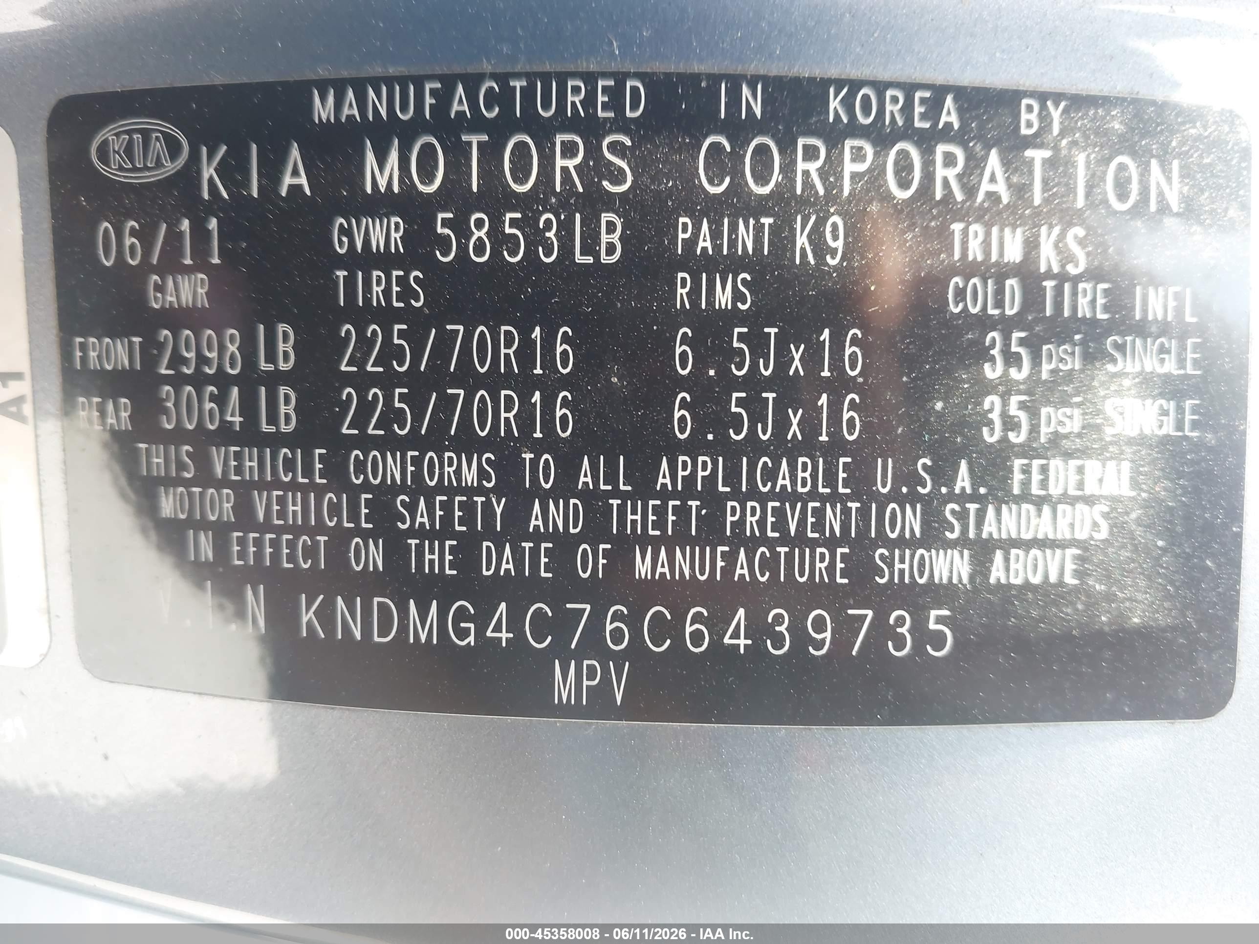 2012 Kia Sedona Lx Light Blue vin: KNDMG4C76C6439735