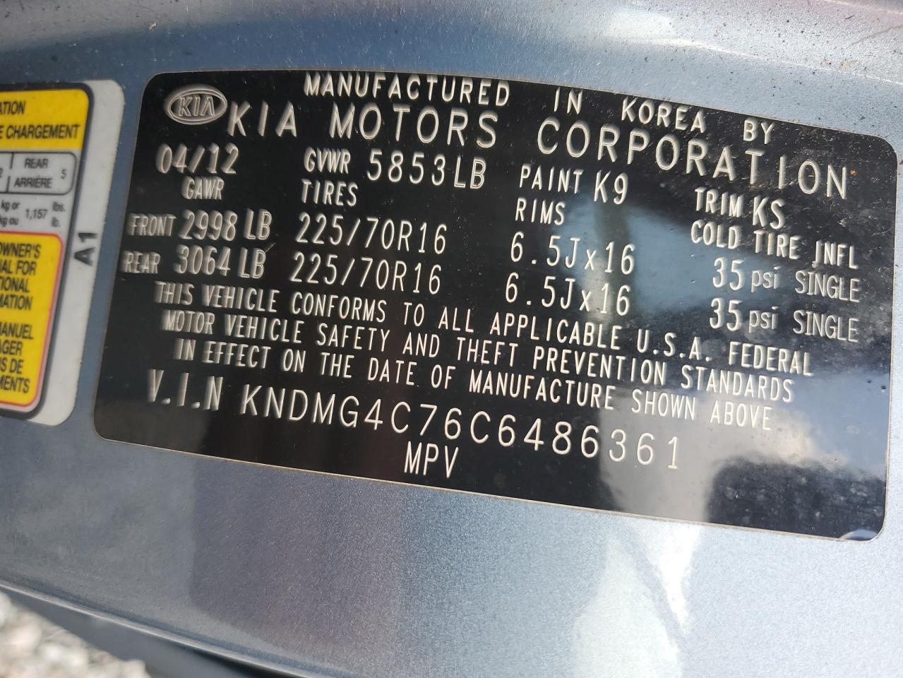 2012 Kia Sedona Lx Blue vin: KNDMG4C76C6486361