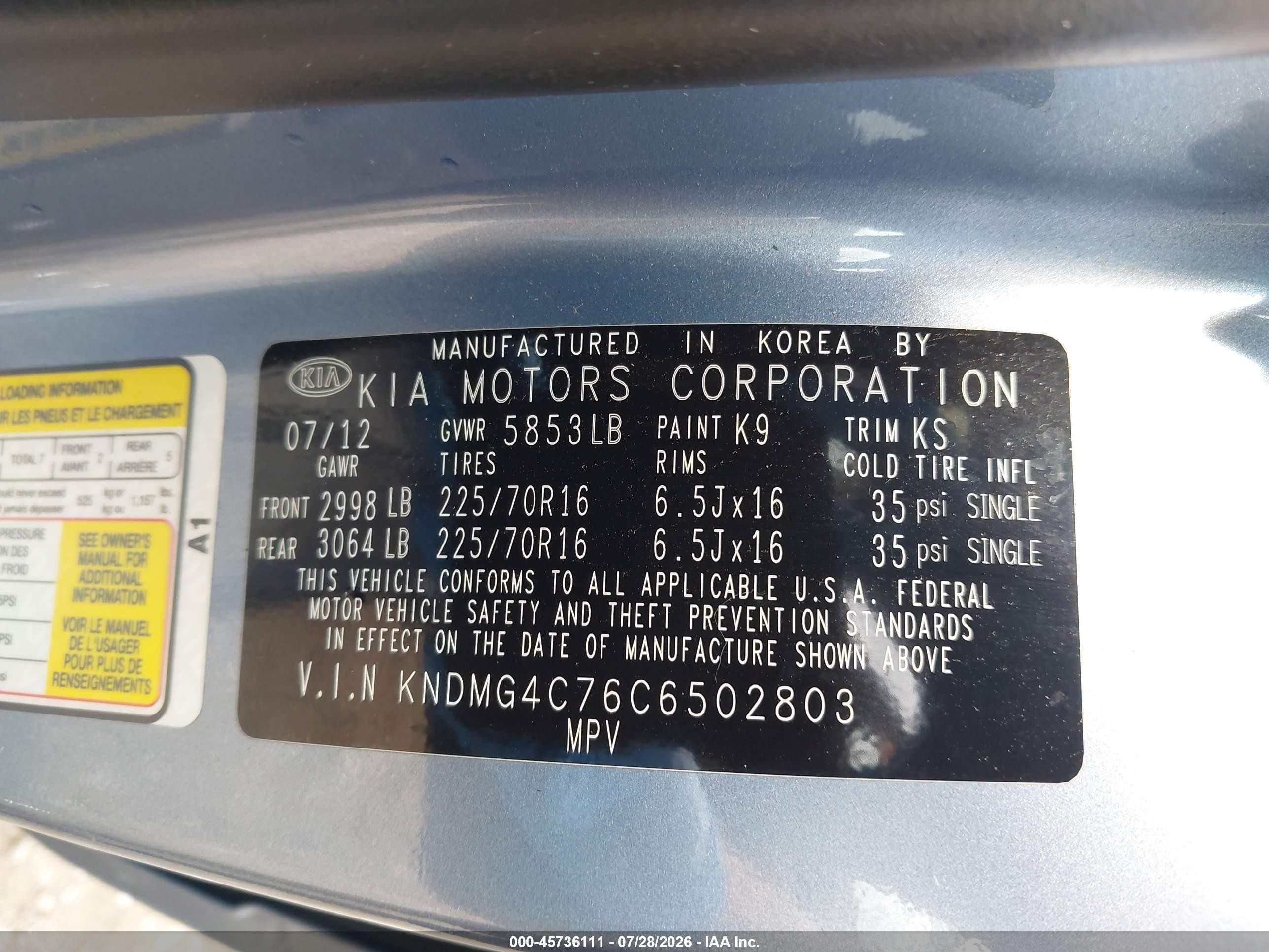 2012 Kia Sedona Lx Light Blue vin: KNDMG4C76C6502803