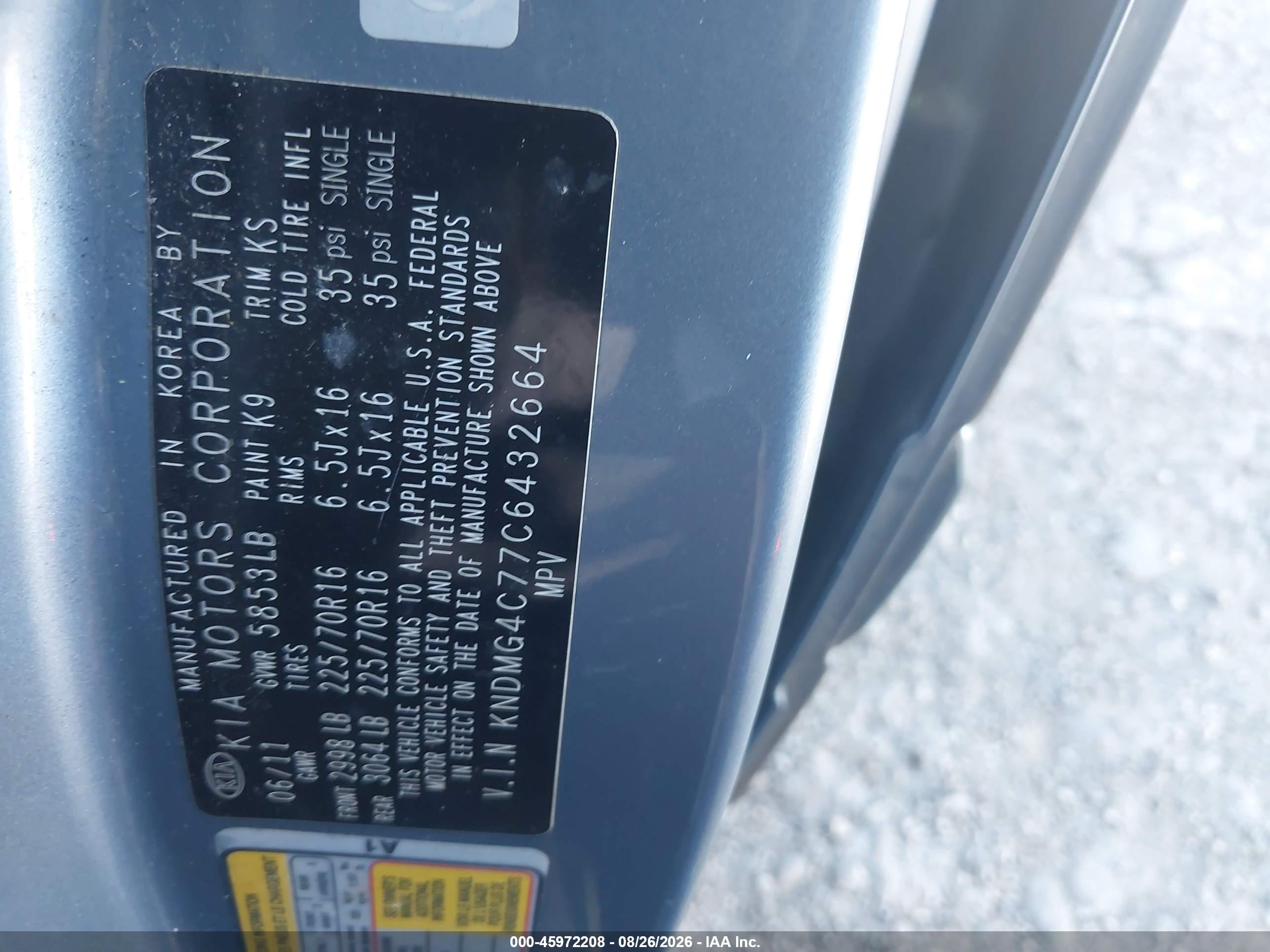2012 Kia Sedona Lx Light Blue vin: KNDMG4C77C6432664