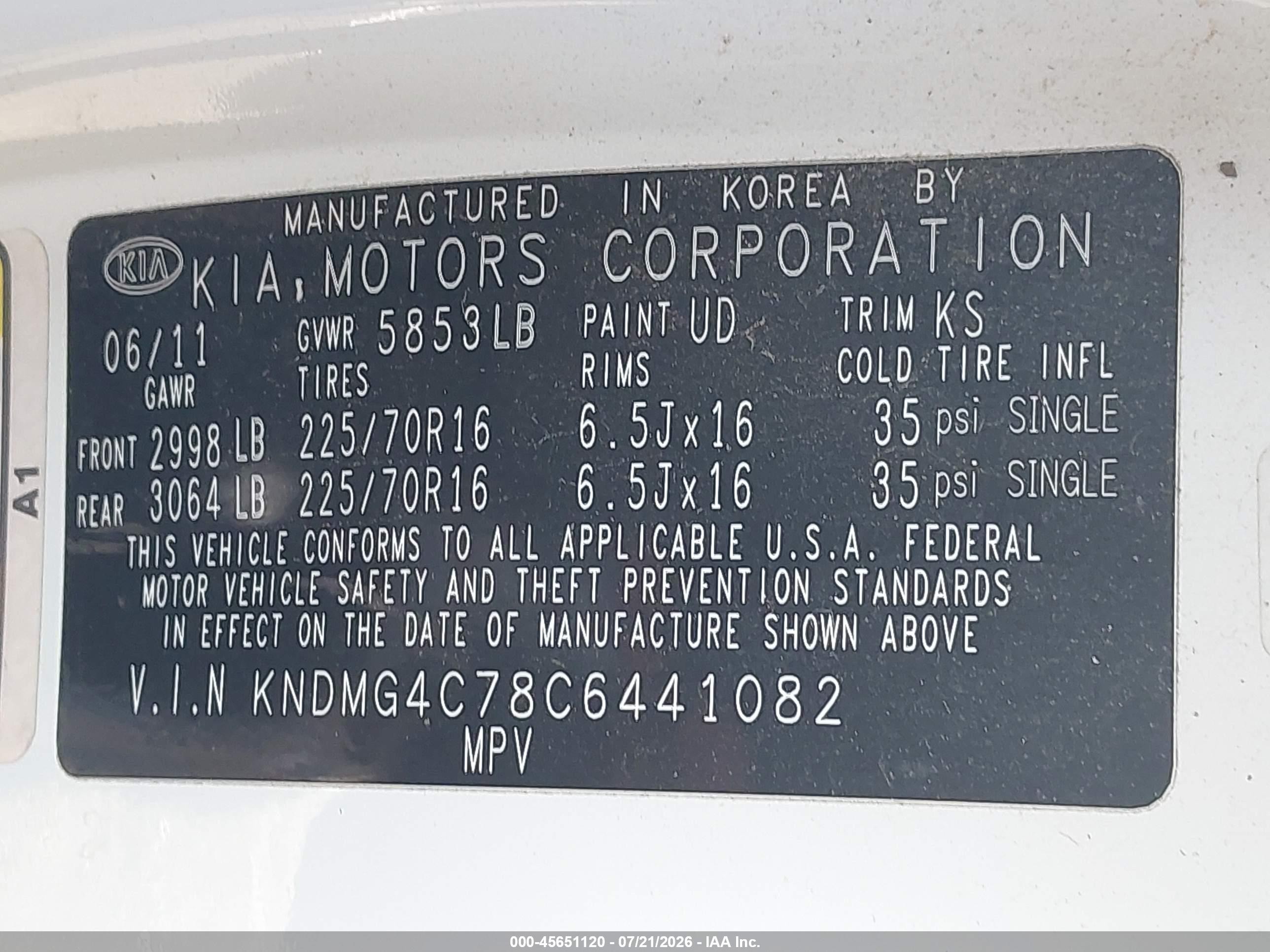 2012 Kia Sedona Lx White vin: KNDMG4C78C6441082