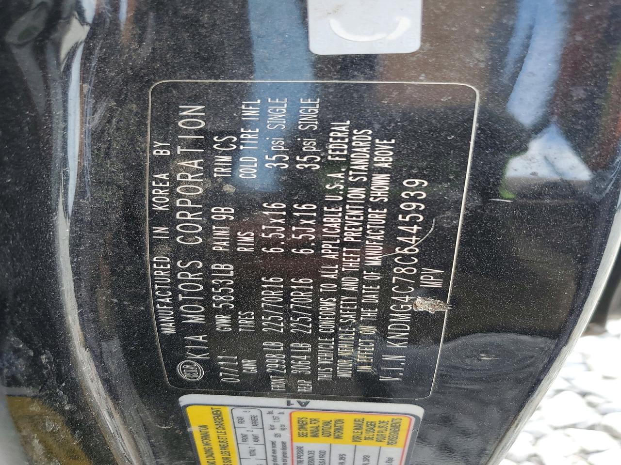 2012 Kia Sedona Lx Black vin: KNDMG4C78C6445939