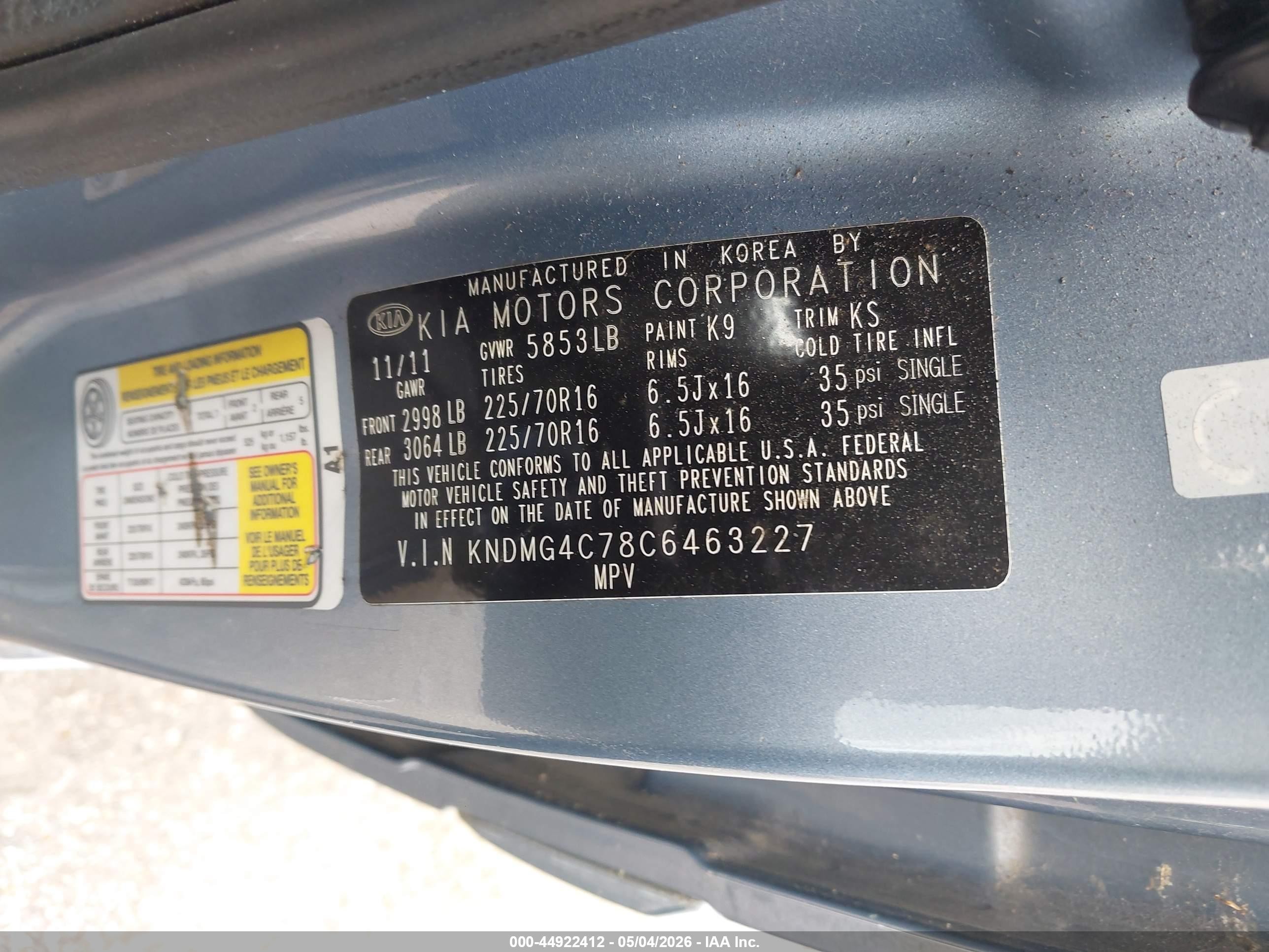 2012 Kia Sedona Lx Blue vin: KNDMG4C78C6463227