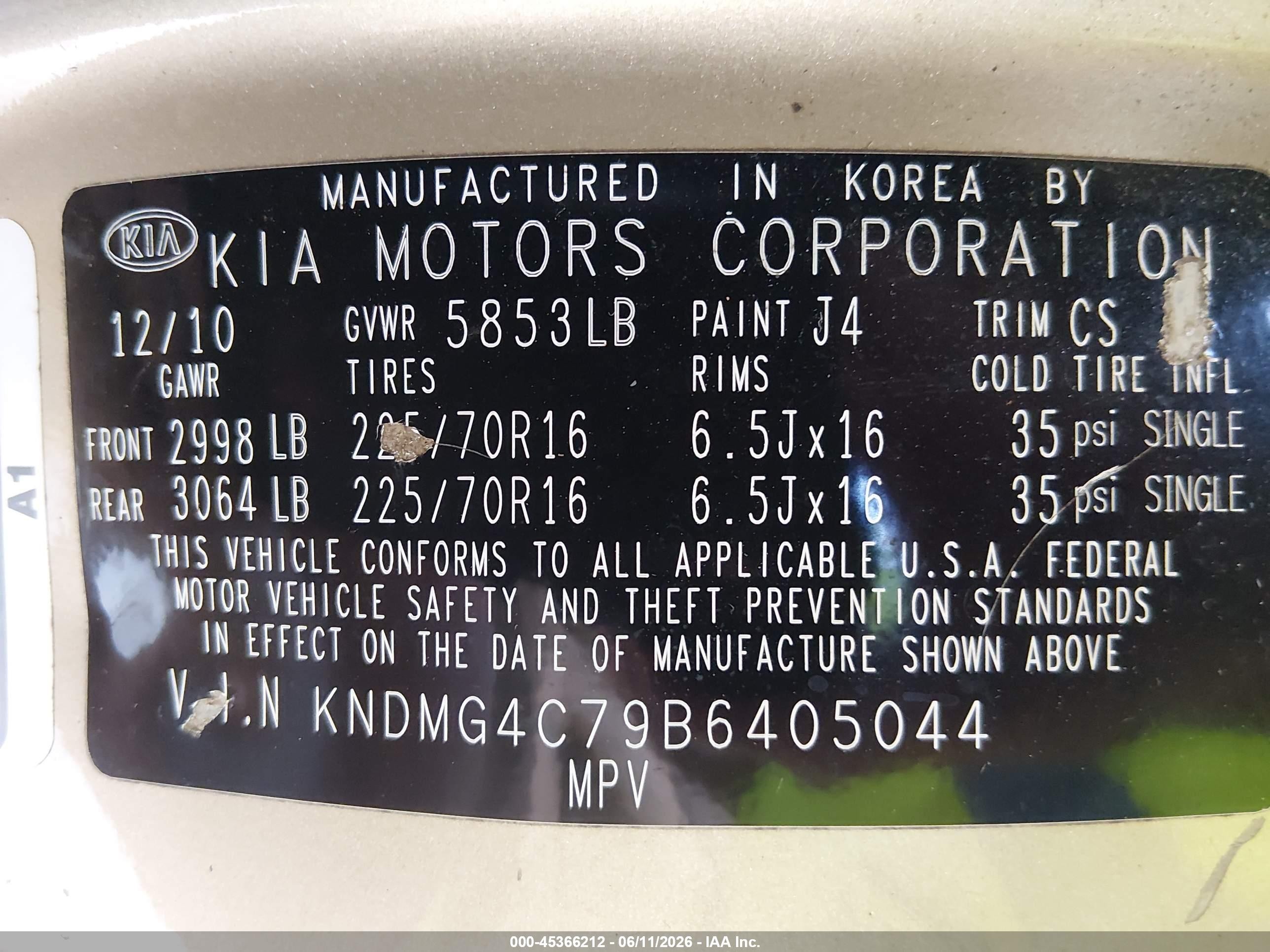 2011 Kia Sedona Lx Champagne vin: KNDMG4C79B6405044
