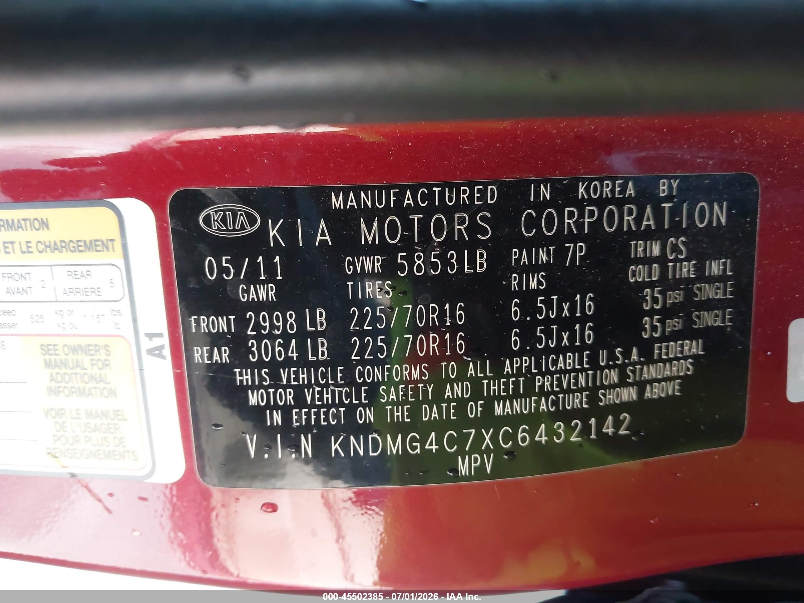 2012 Kia Sedona Lx Red vin: KNDMG4C7XC6432142