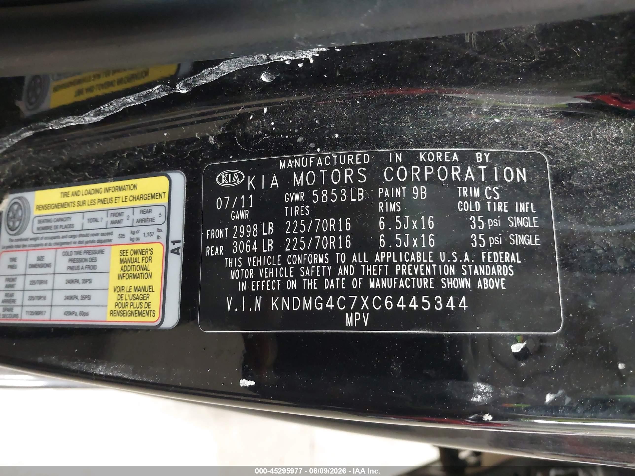 2012 Kia Sedona Lx Black vin: KNDMG4C7XC6445344