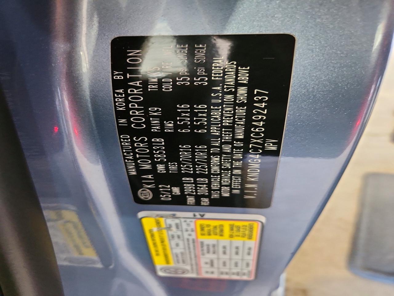 2012 Kia Sedona Lx Blue vin: KNDMG4C7XC6492437