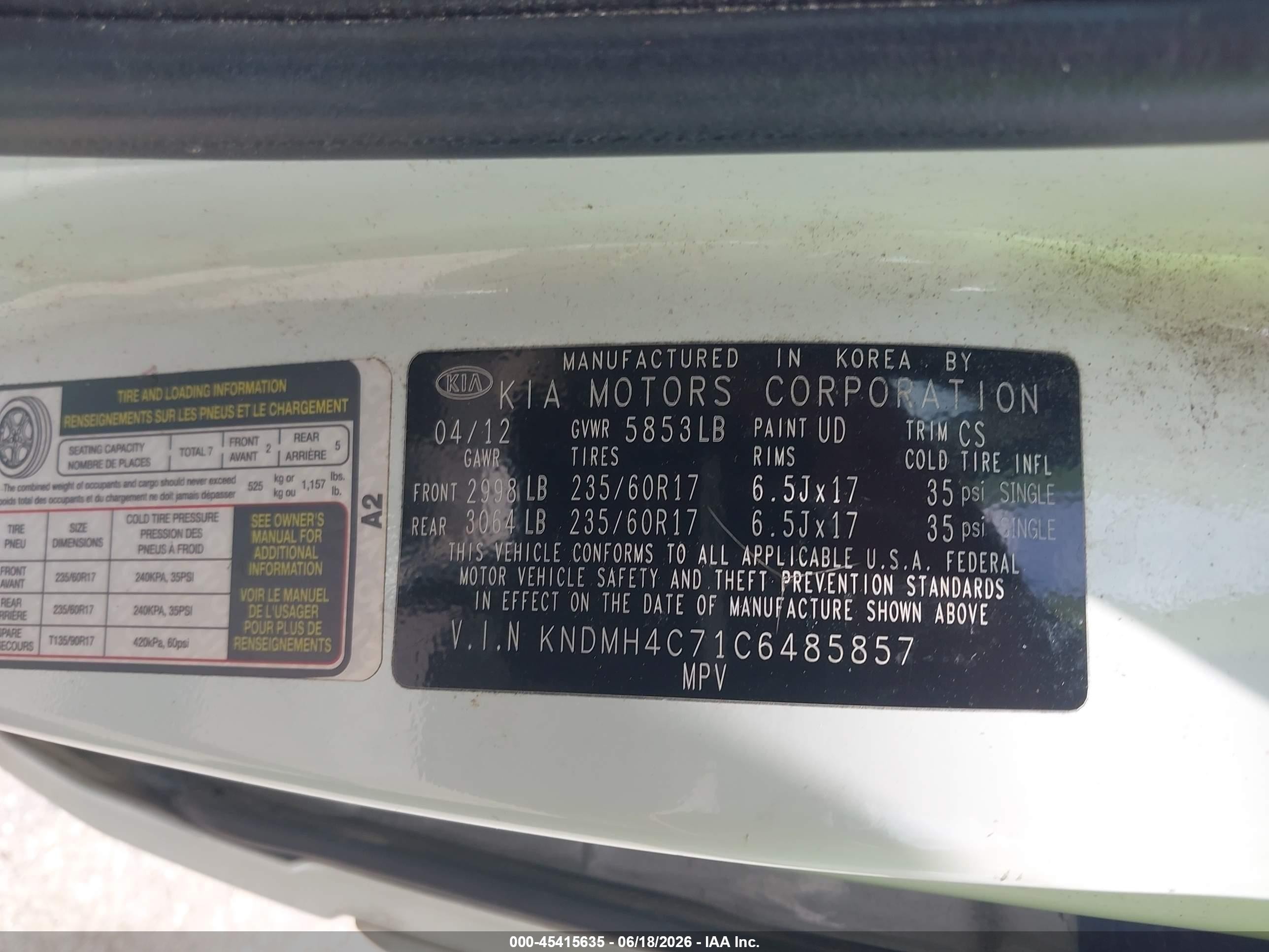 2012 Kia Sedona Ex White vin: KNDMH4C71C6485857