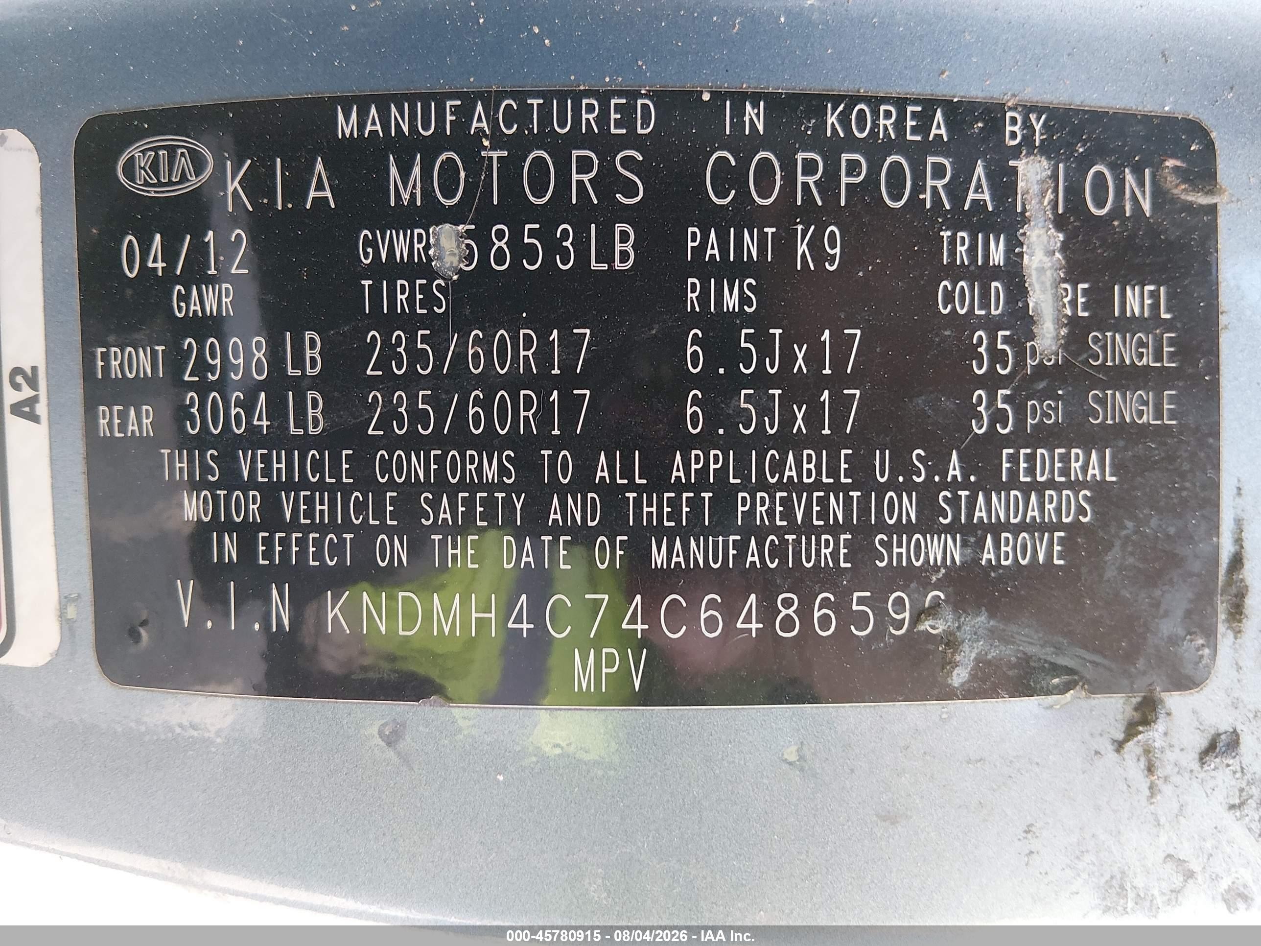 2012 Kia Sedona Ex Light Blue vin: KNDMH4C74C6486596