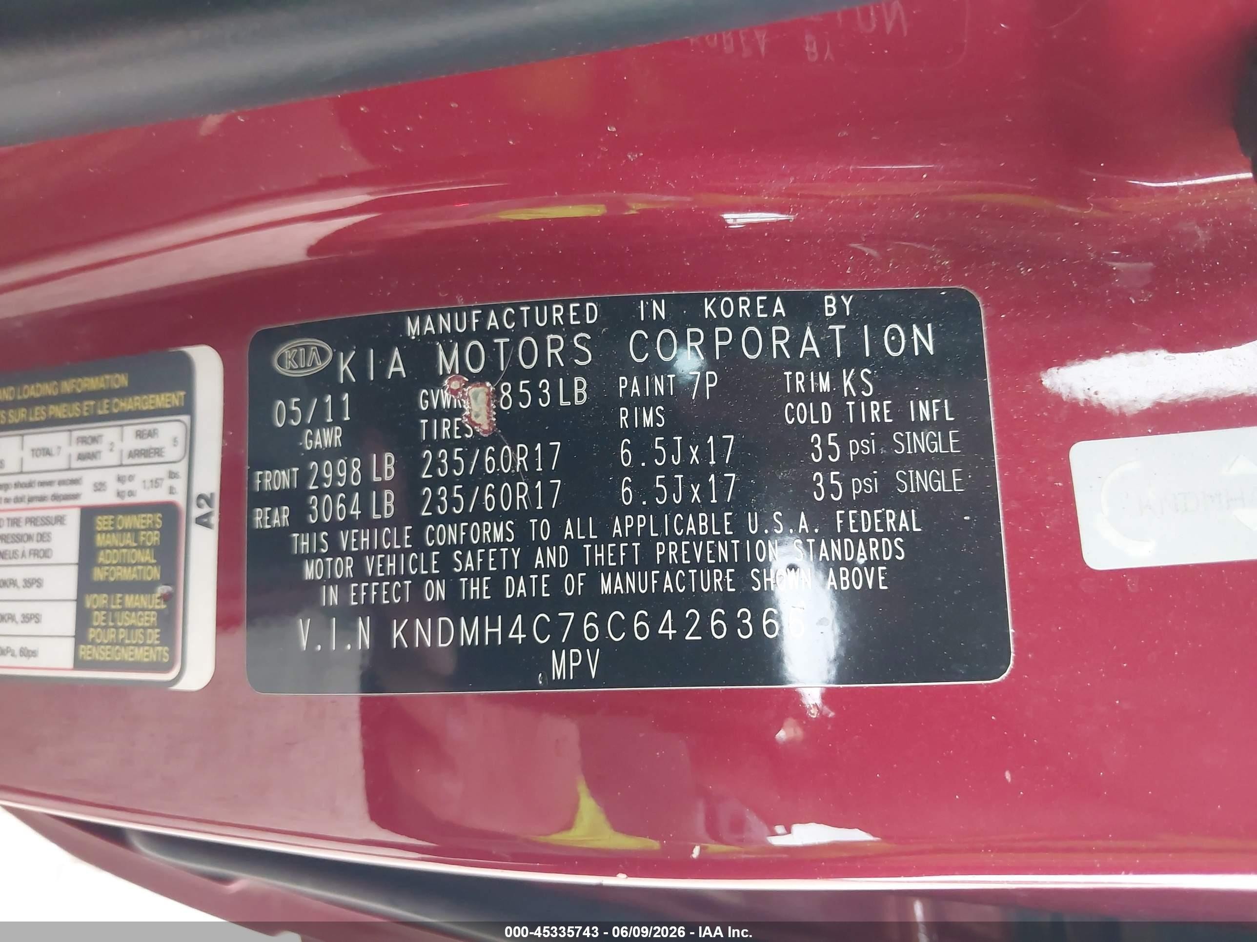 2012 Kia Sedona Ex Maroon vin: KNDMH4C76C6426366