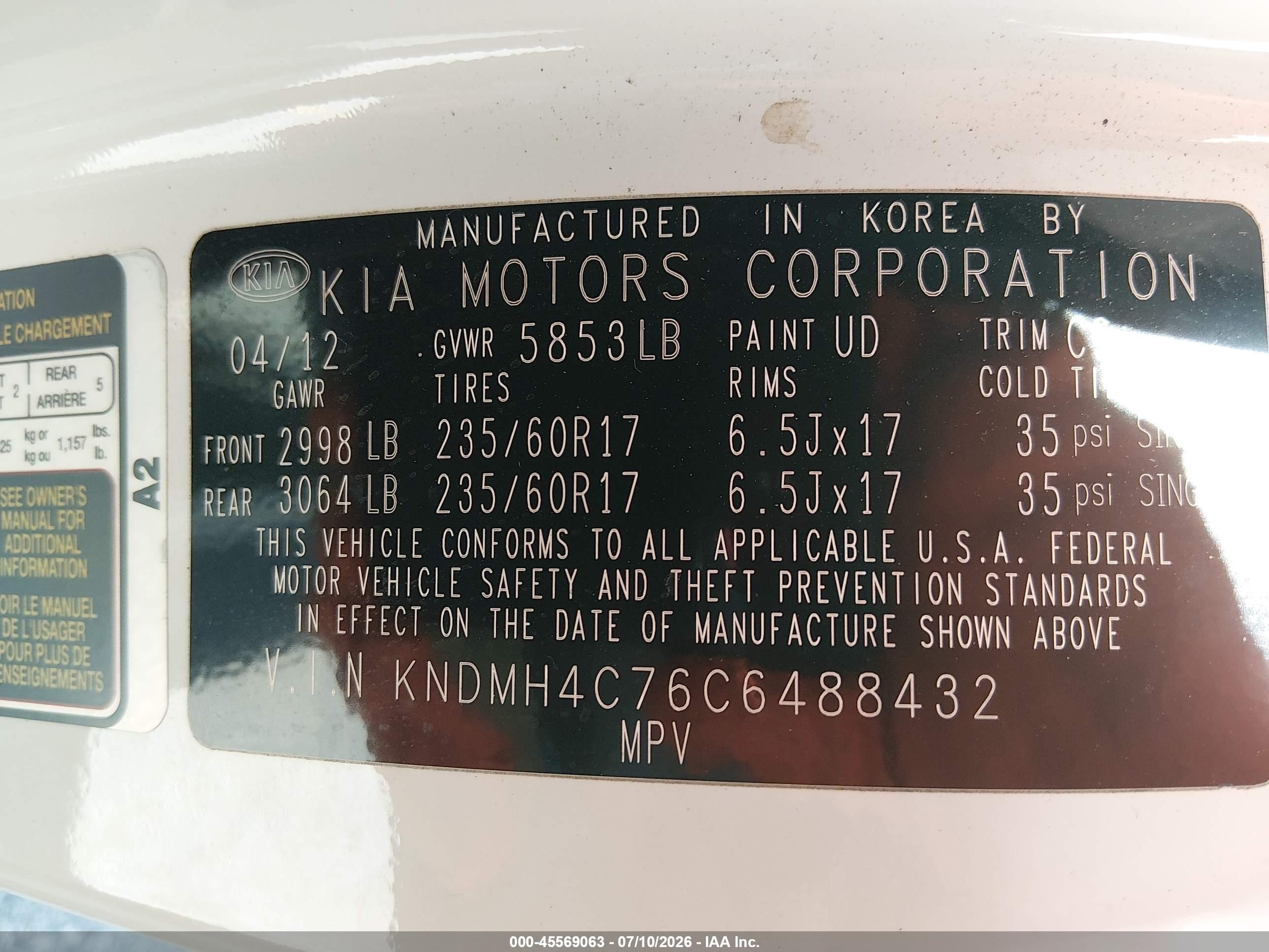 2012 Kia Sedona Ex White vin: KNDMH4C76C6488432