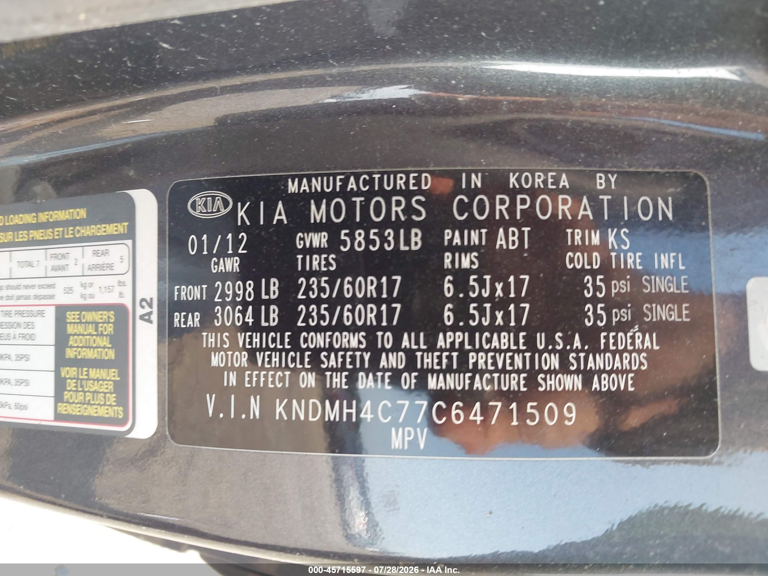 2012 Kia Sedona Ex Black vin: KNDMH4C77C6471509
