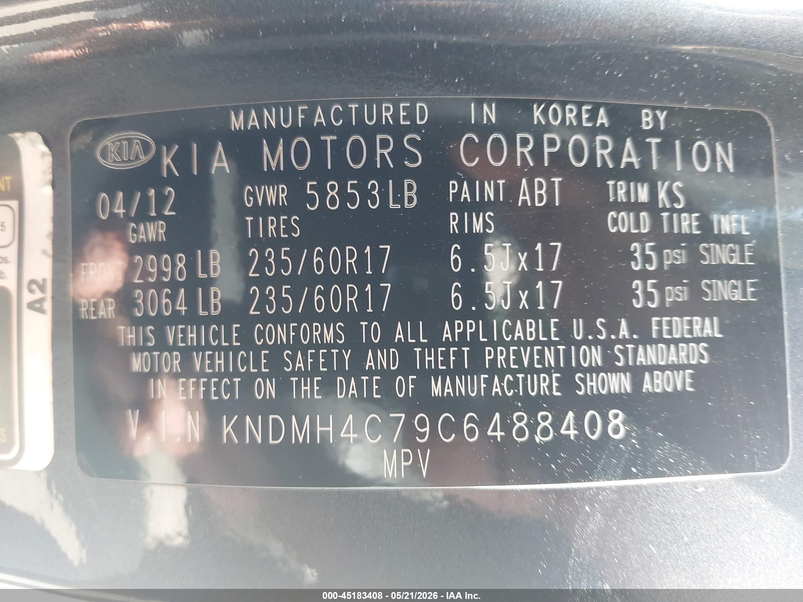 2012 Kia Sedona Ex Gray vin: KNDMH4C79C6488408