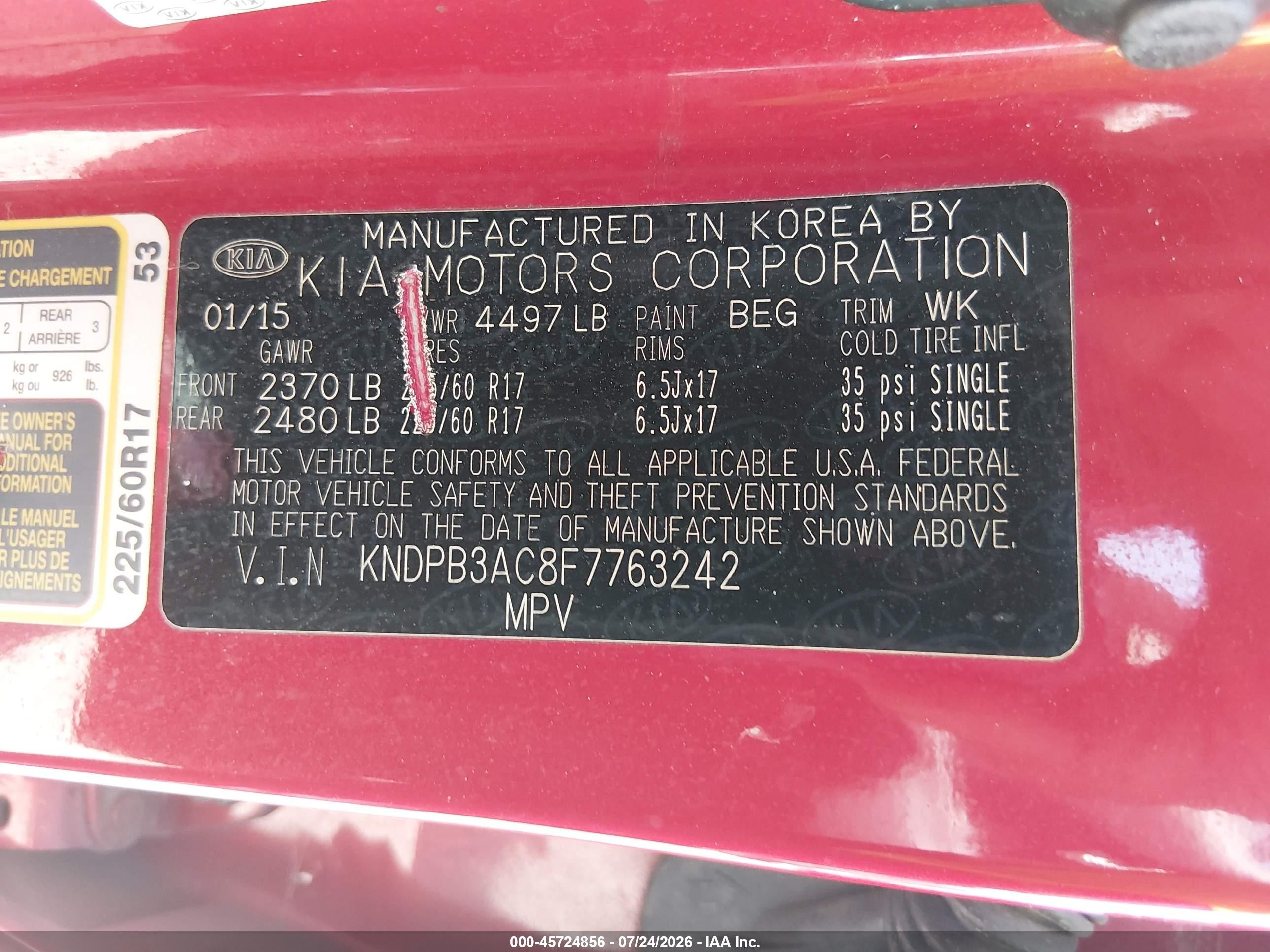 2015 Kia Sportage Lx Red vin: KNDPB3AC8F7763242