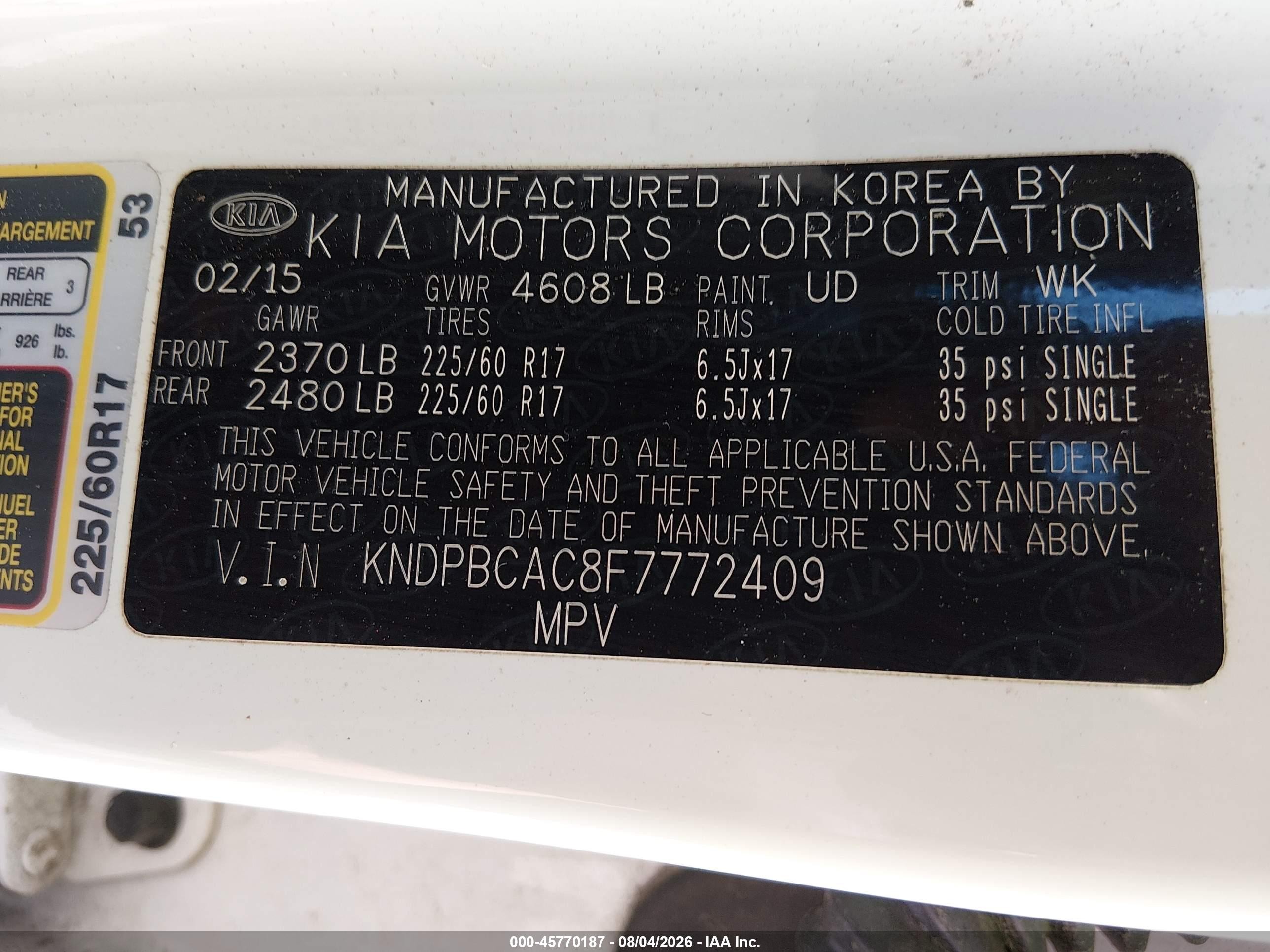 2015 Kia Sportage Lx White vin: KNDPBCAC8F7772409