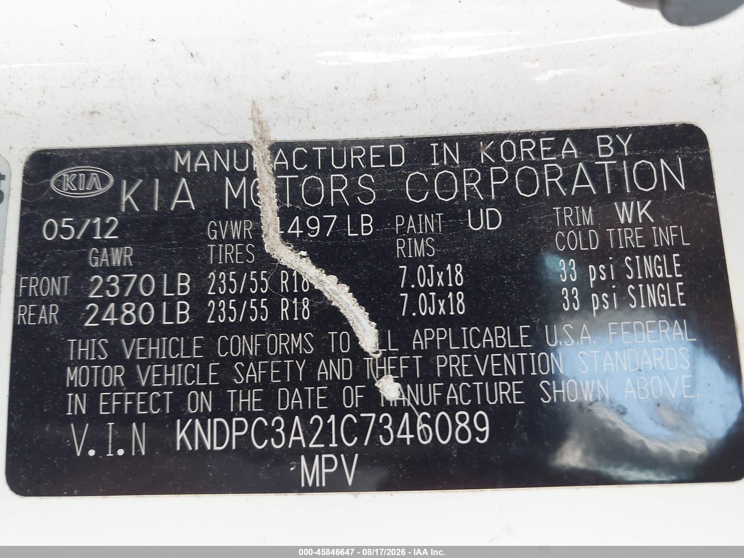 2012 Kia Sportage Ex White vin: KNDPC3A21C7346089