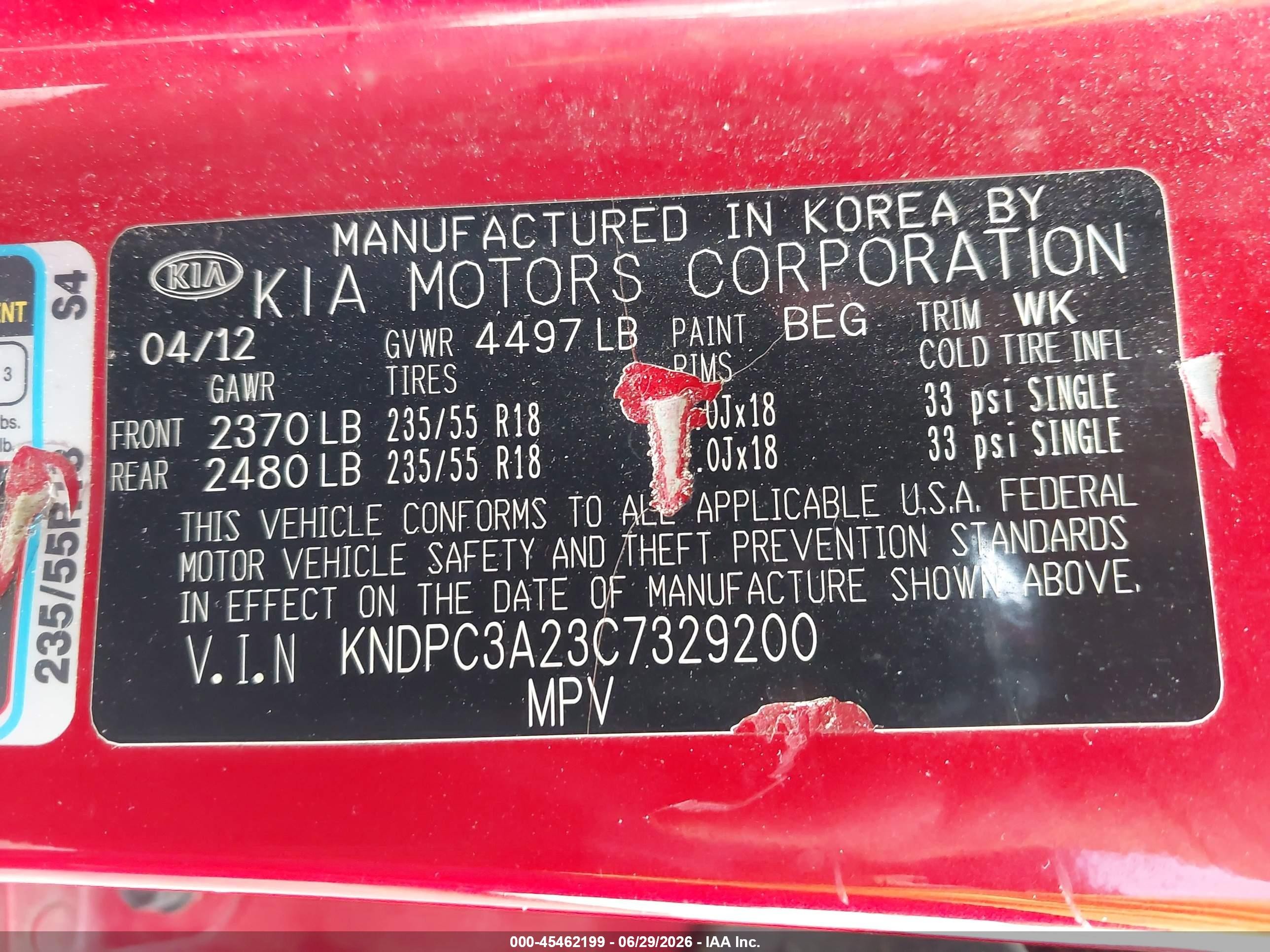 2012 Kia Sportage Ex Red vin: KNDPC3A23C7329200