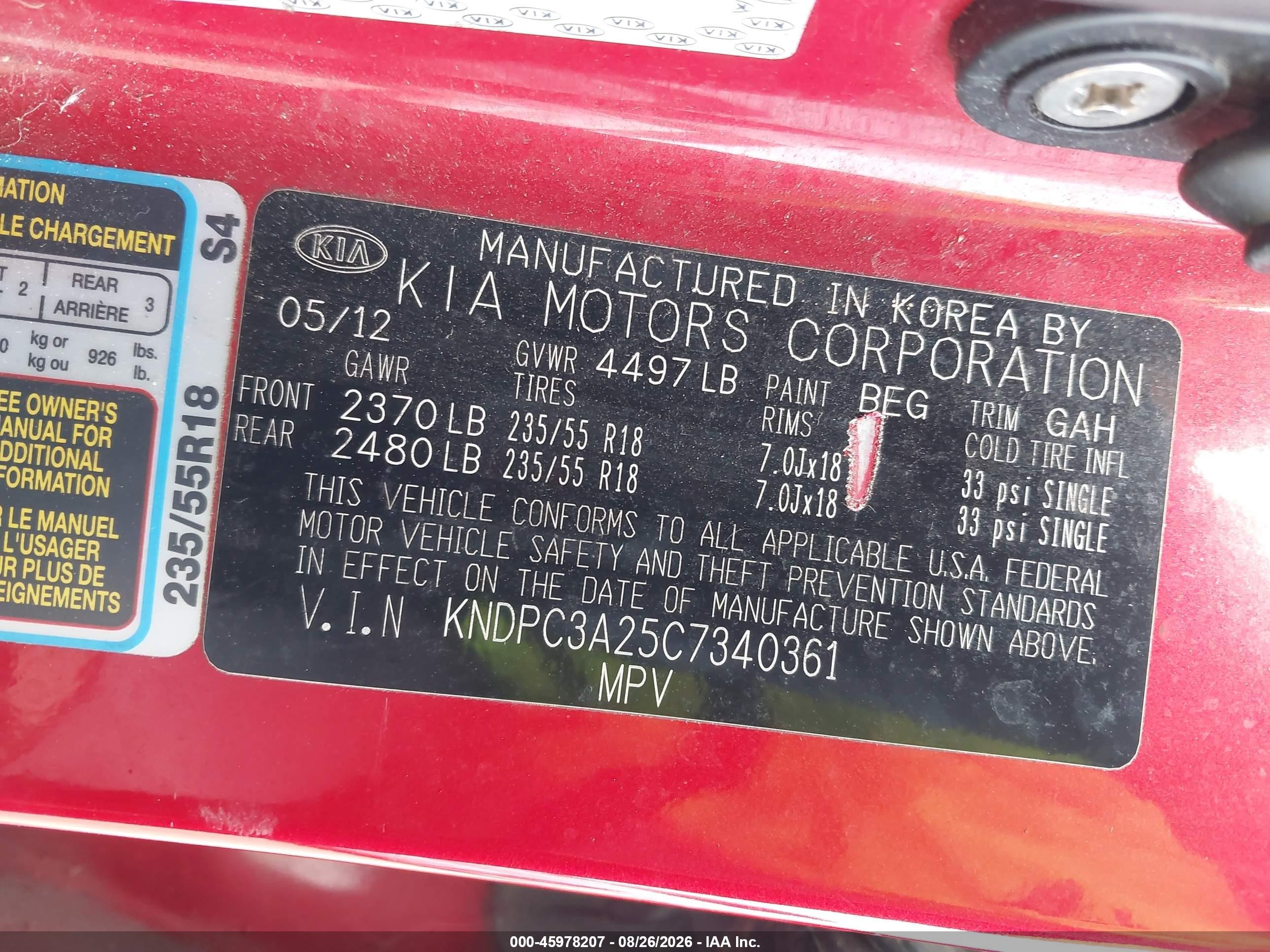 2012 Kia Sportage Ex Red vin: KNDPC3A25C7340361