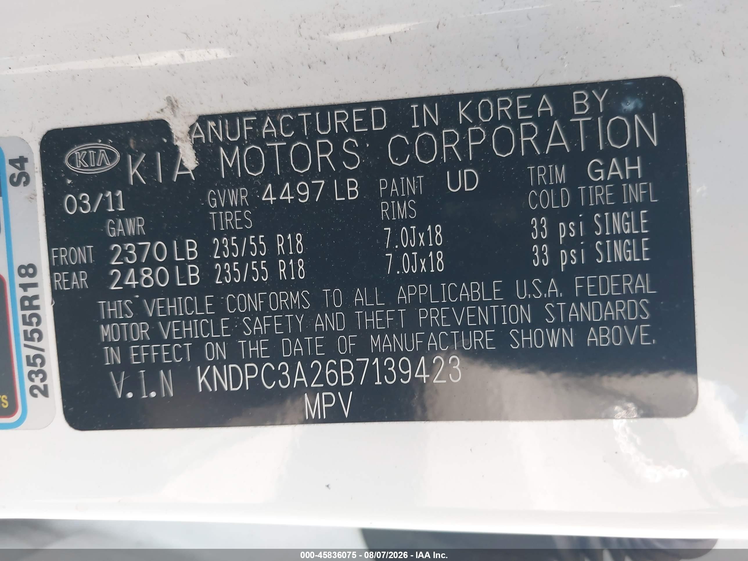 2011 Kia Sportage Ex White vin: KNDPC3A26B7139423