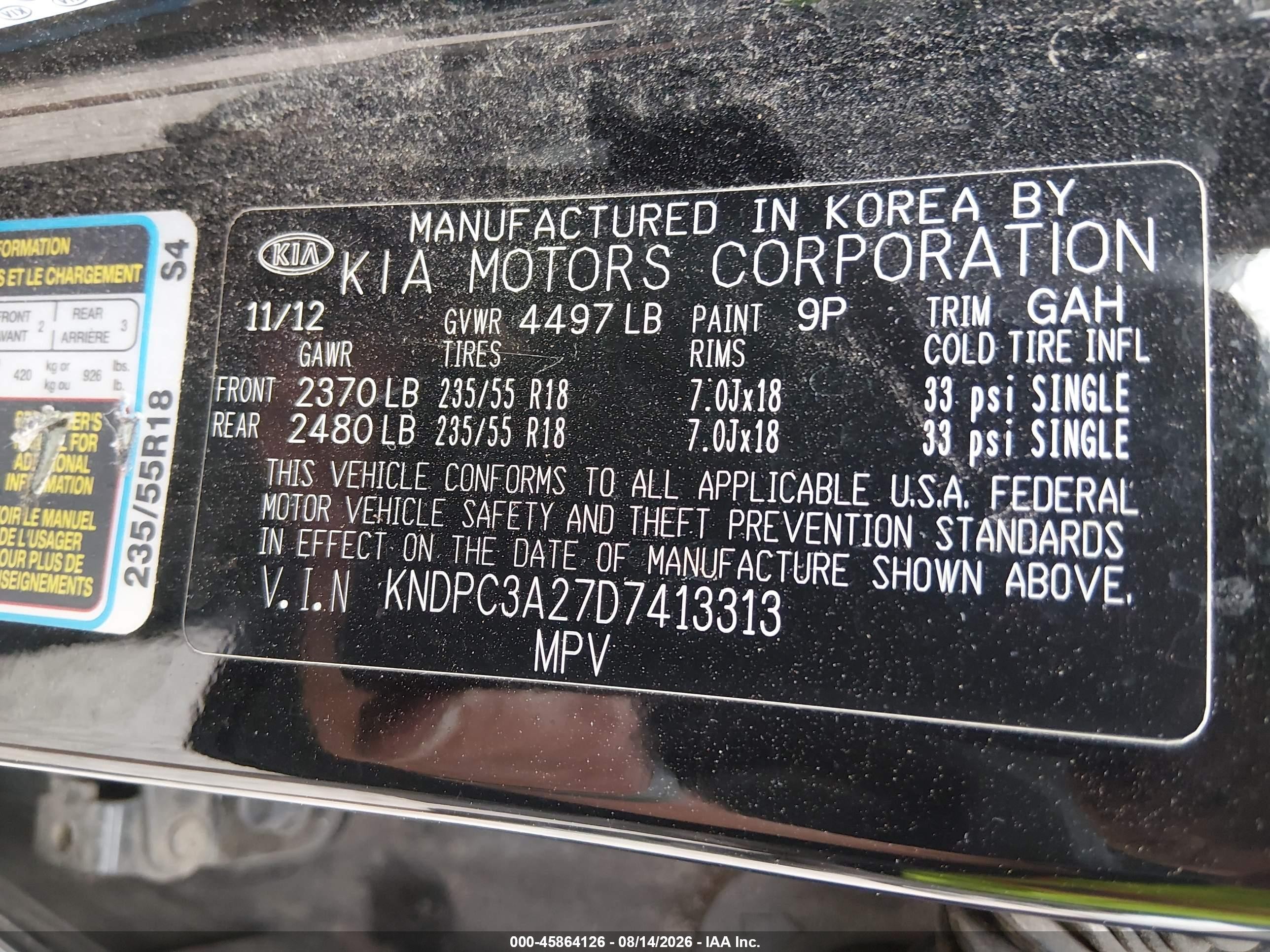 2013 Kia Sportage Ex Black vin: KNDPC3A27D7413313