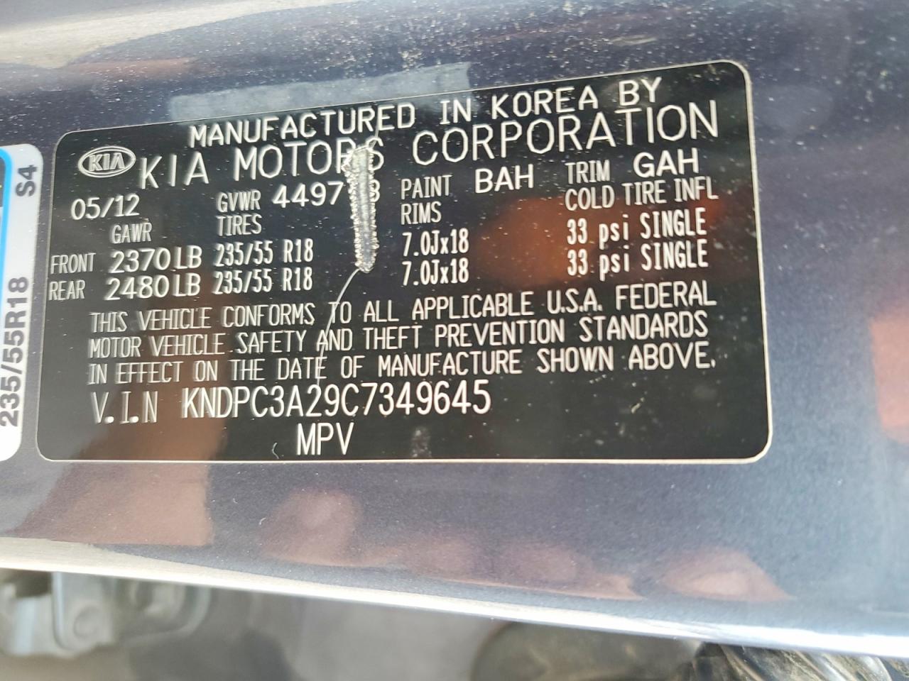 2012 Kia Sportage Ex Blue vin: KNDPC3A29C7349645