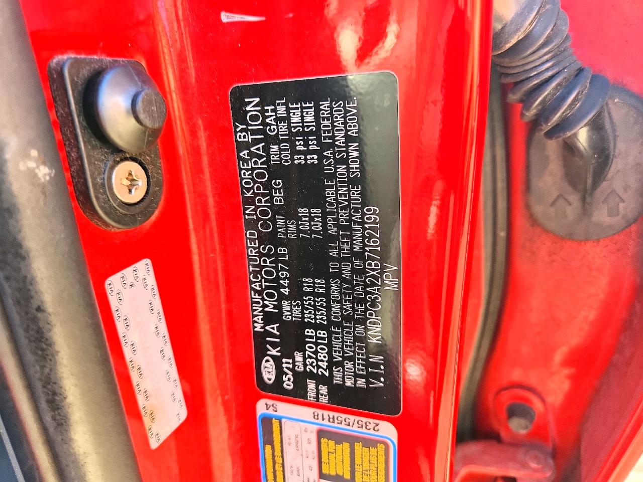 2011 Kia Sportage Ex Red vin: KNDPC3A2XB7162199