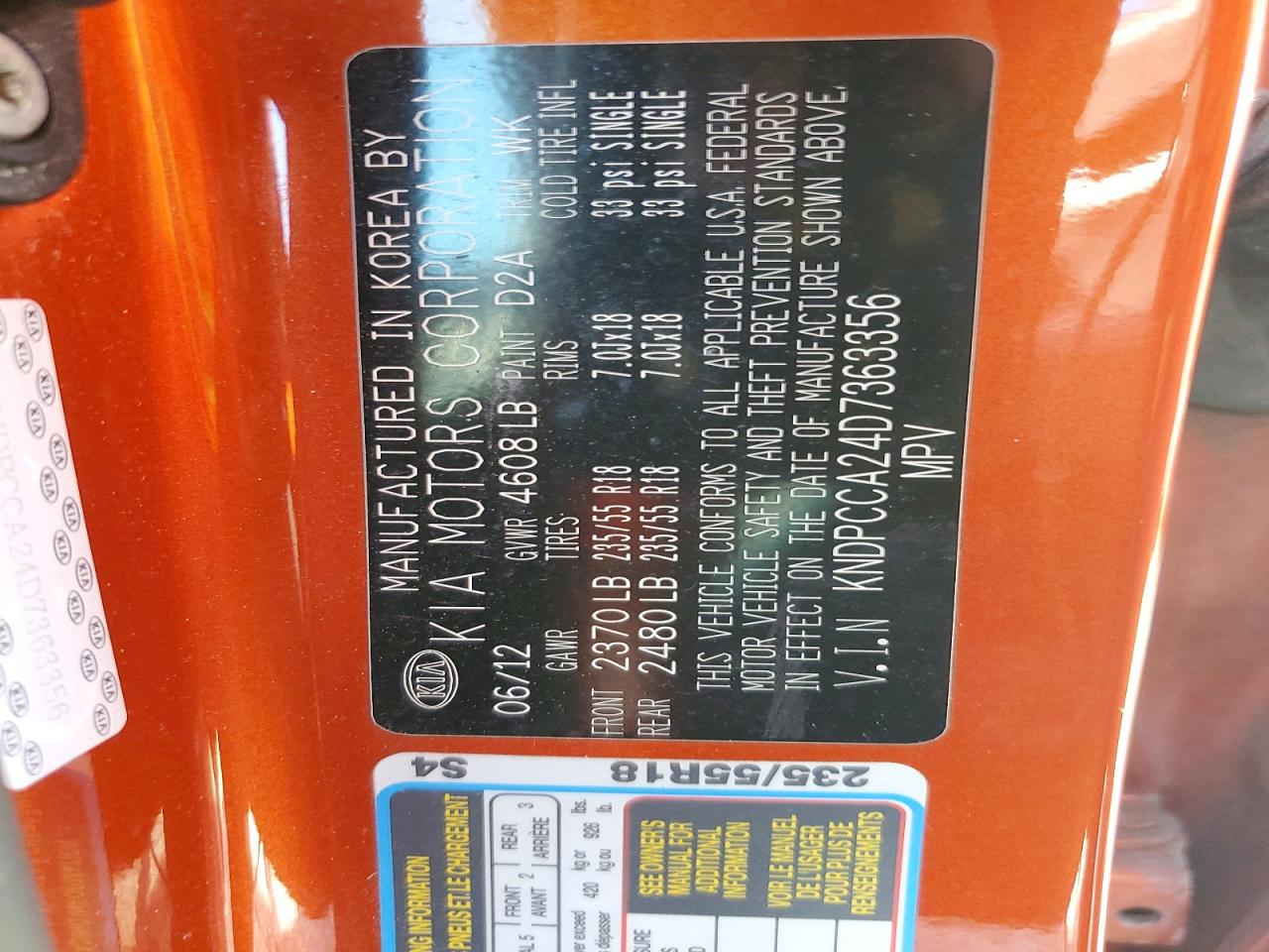 2013 Kia Sportage Ex Orange vin: KNDPCCA24D7363356