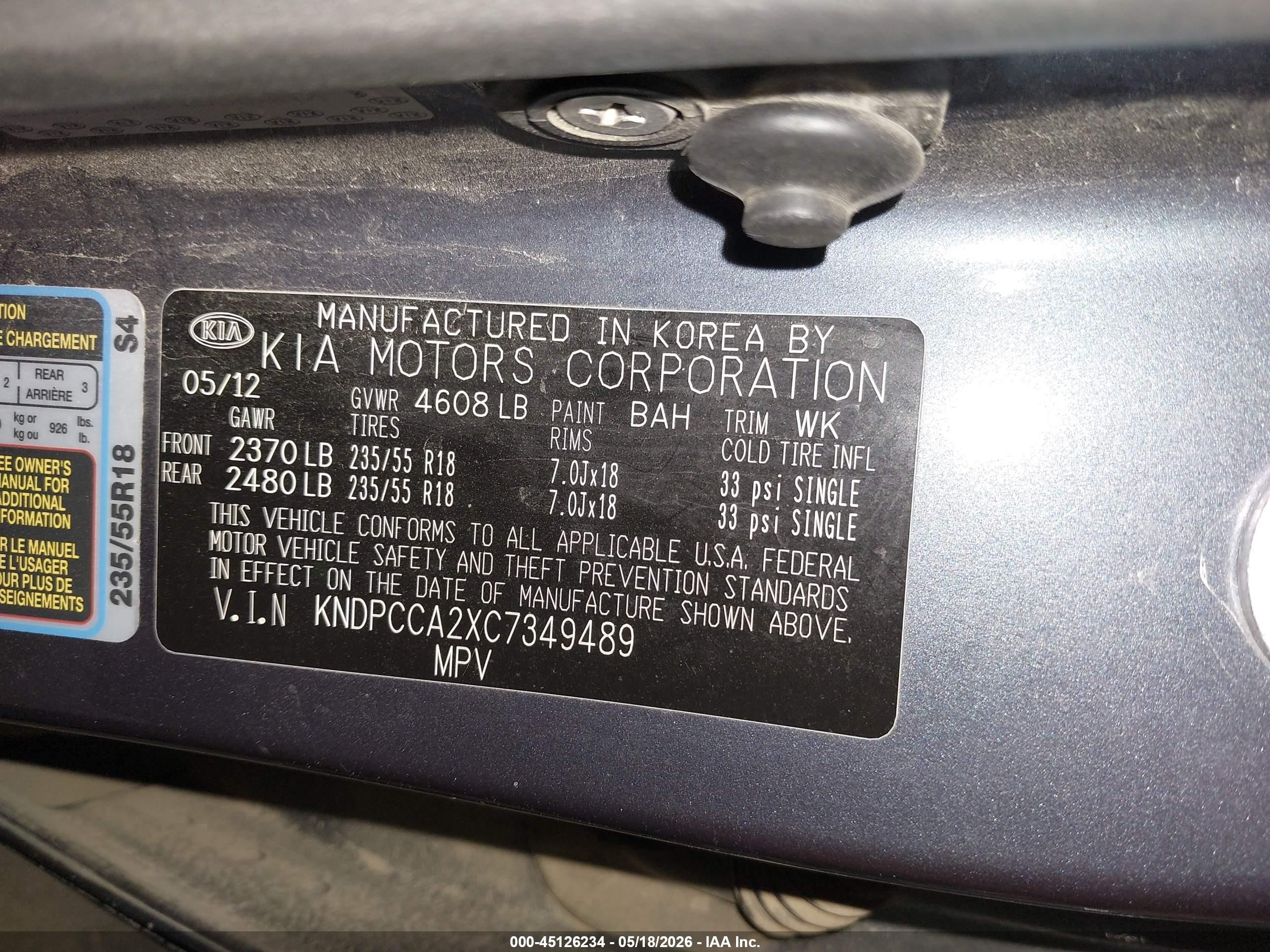 2012 Kia Sportage Ex Light Blue vin: KNDPCCA2XC7349489