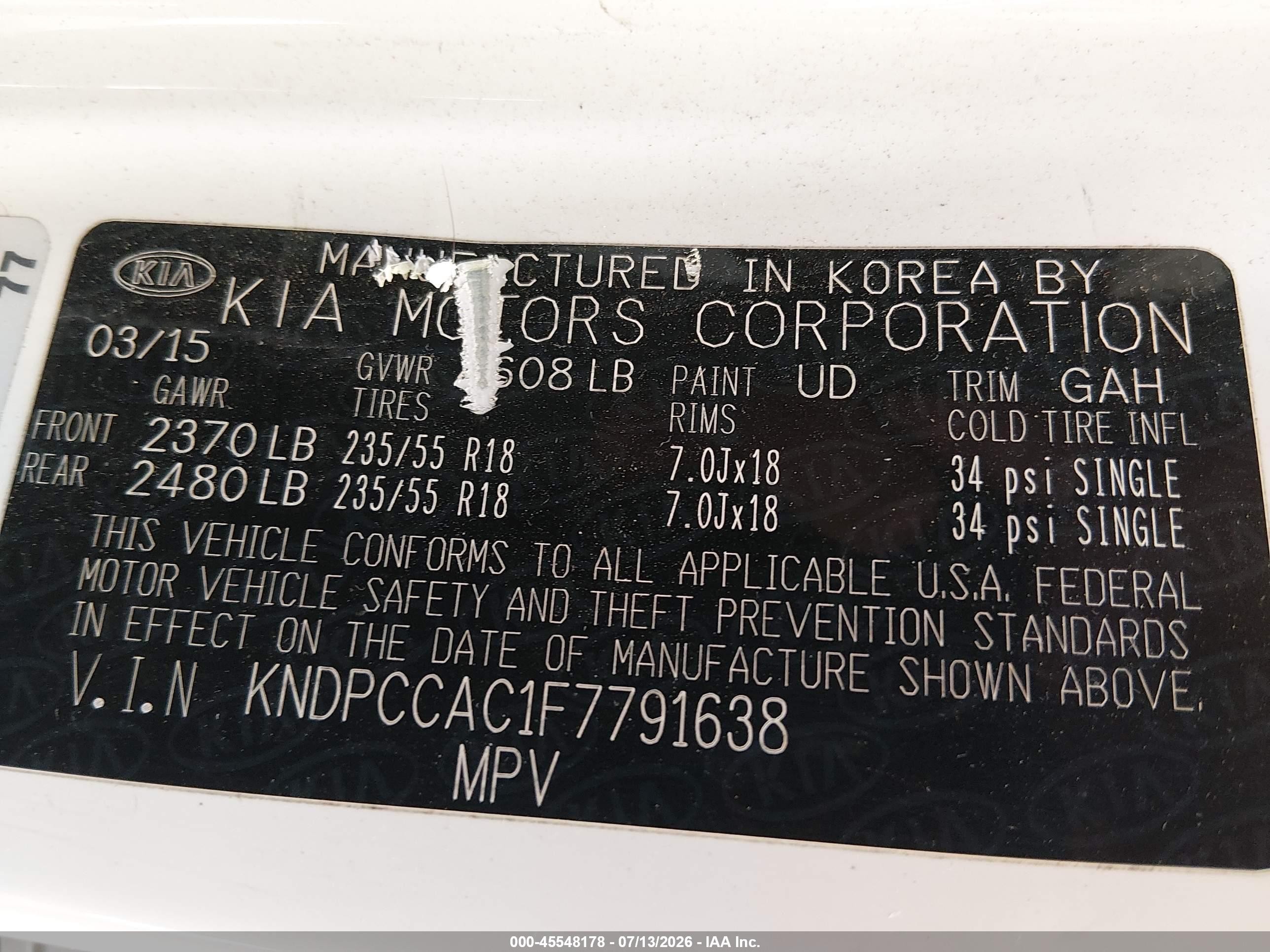 2015 Kia Sportage Ex White vin: KNDPCCAC1F7791638
