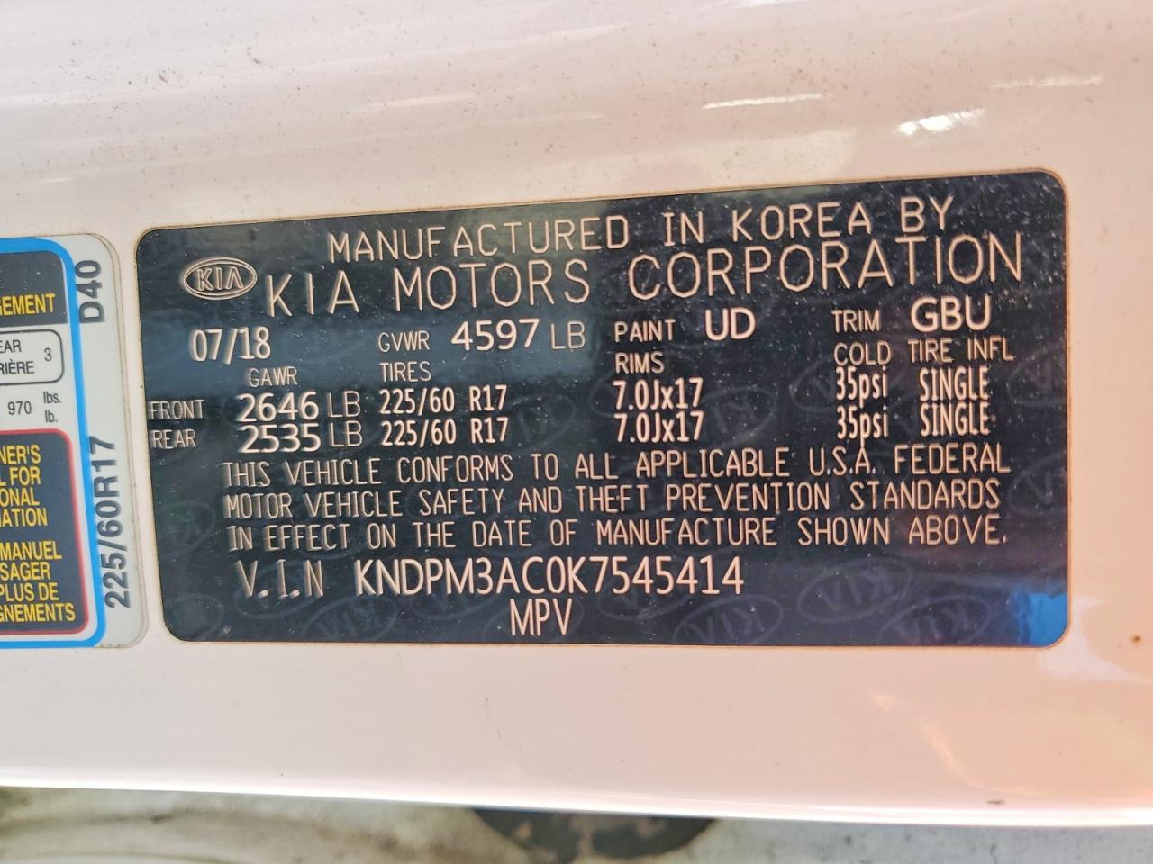2019 Kia Sportage Lx White vin: KNDPM3AC0K7545414