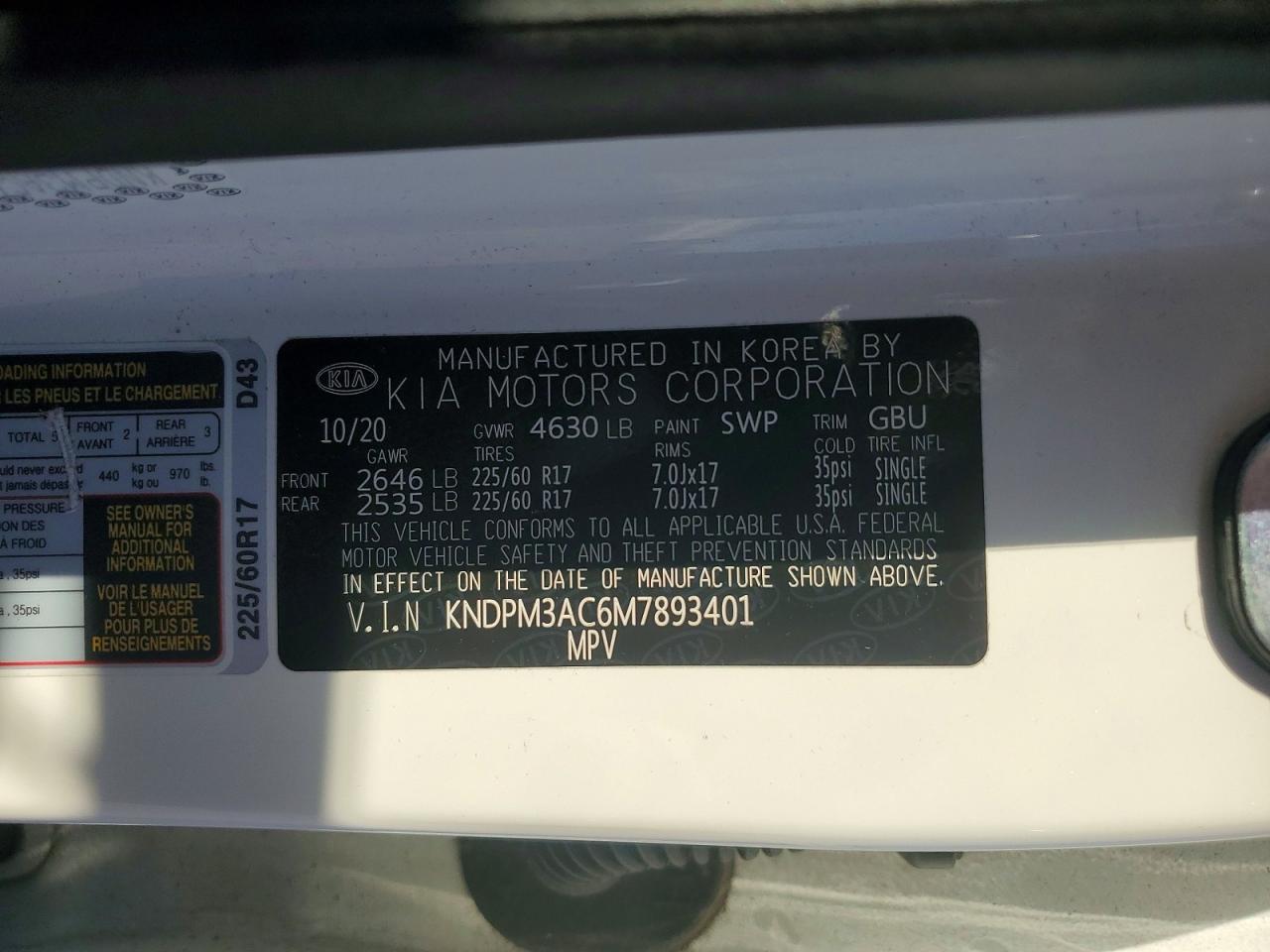 2021 Kia Sportage Lx White vin: KNDPM3AC6M7893401