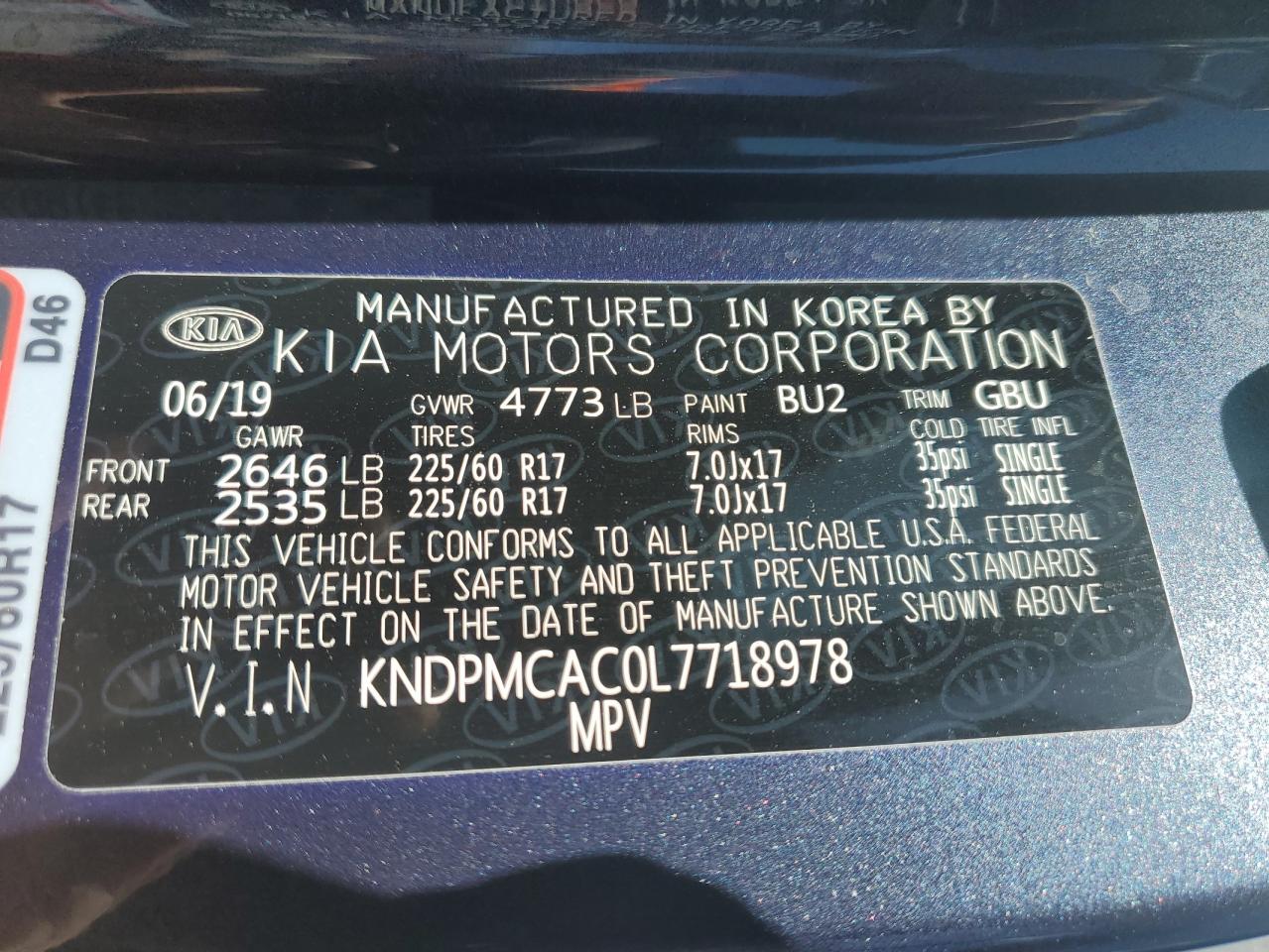 2020 Kia Sportage Lx Blue vin: KNDPMCAC0L7718978