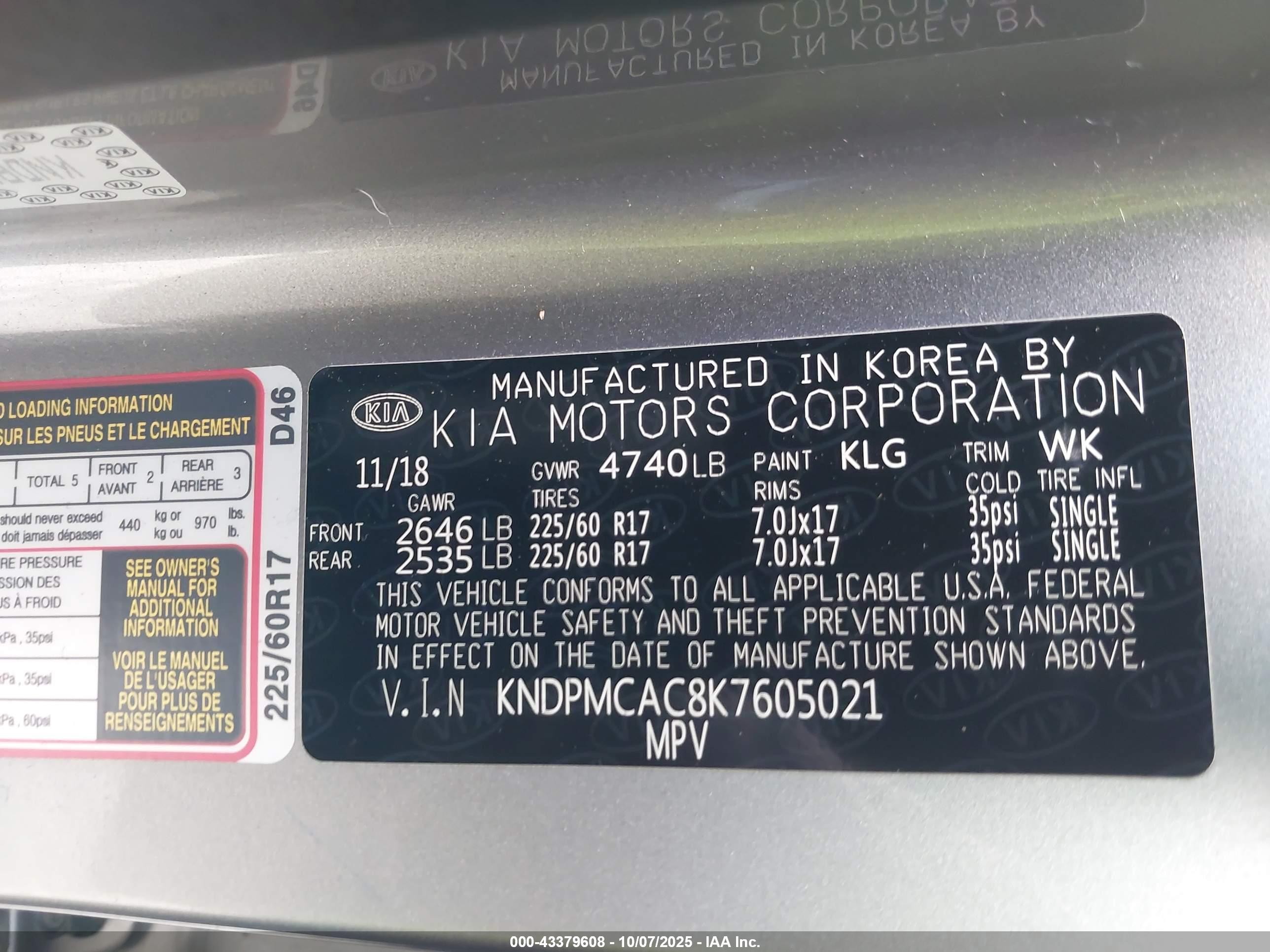 2019 Kia Sportage Lx Gray vin: KNDPMCAC8K7605021