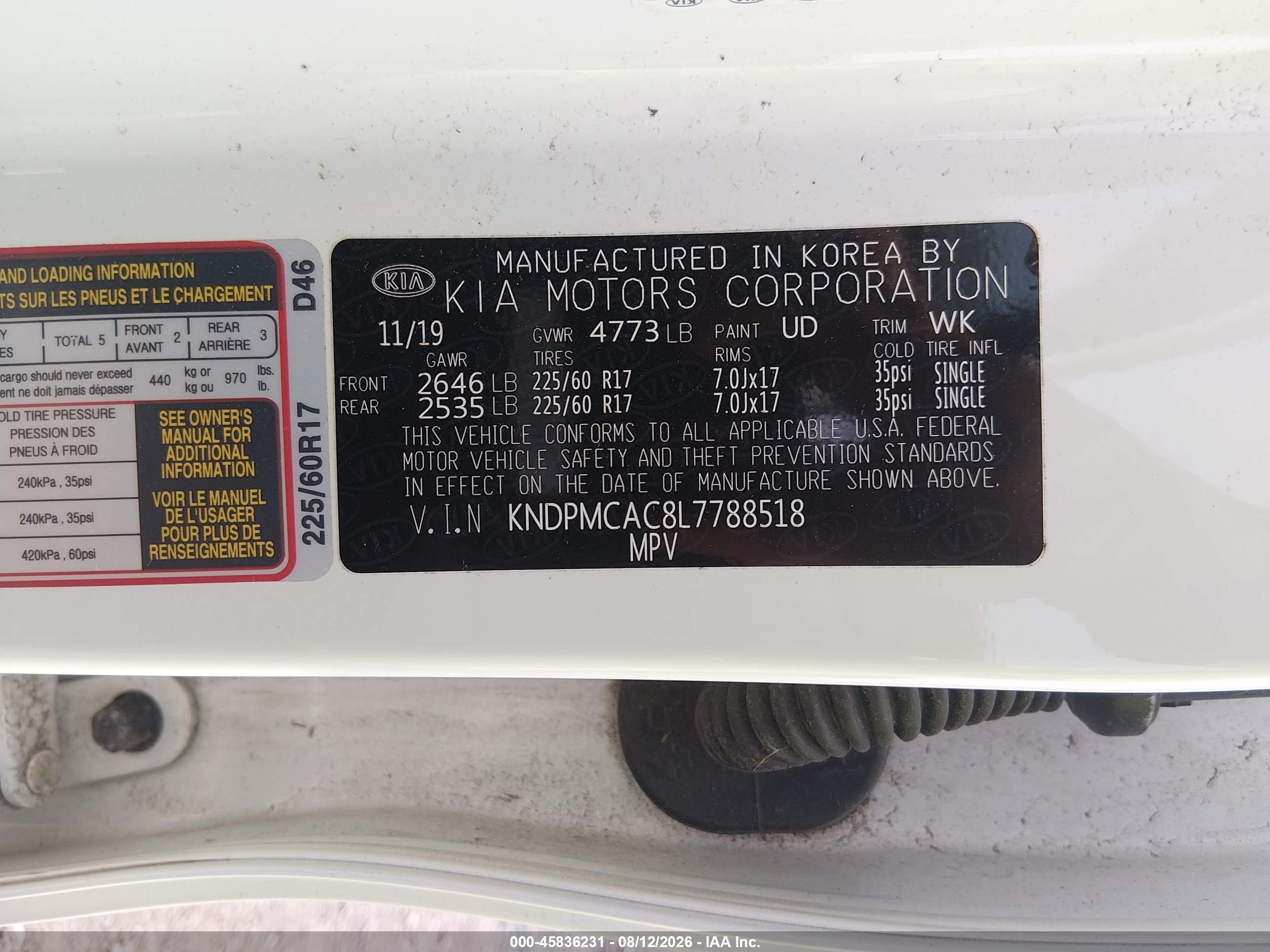 2020 Kia Sportage Lx White vin: KNDPMCAC8L7788518