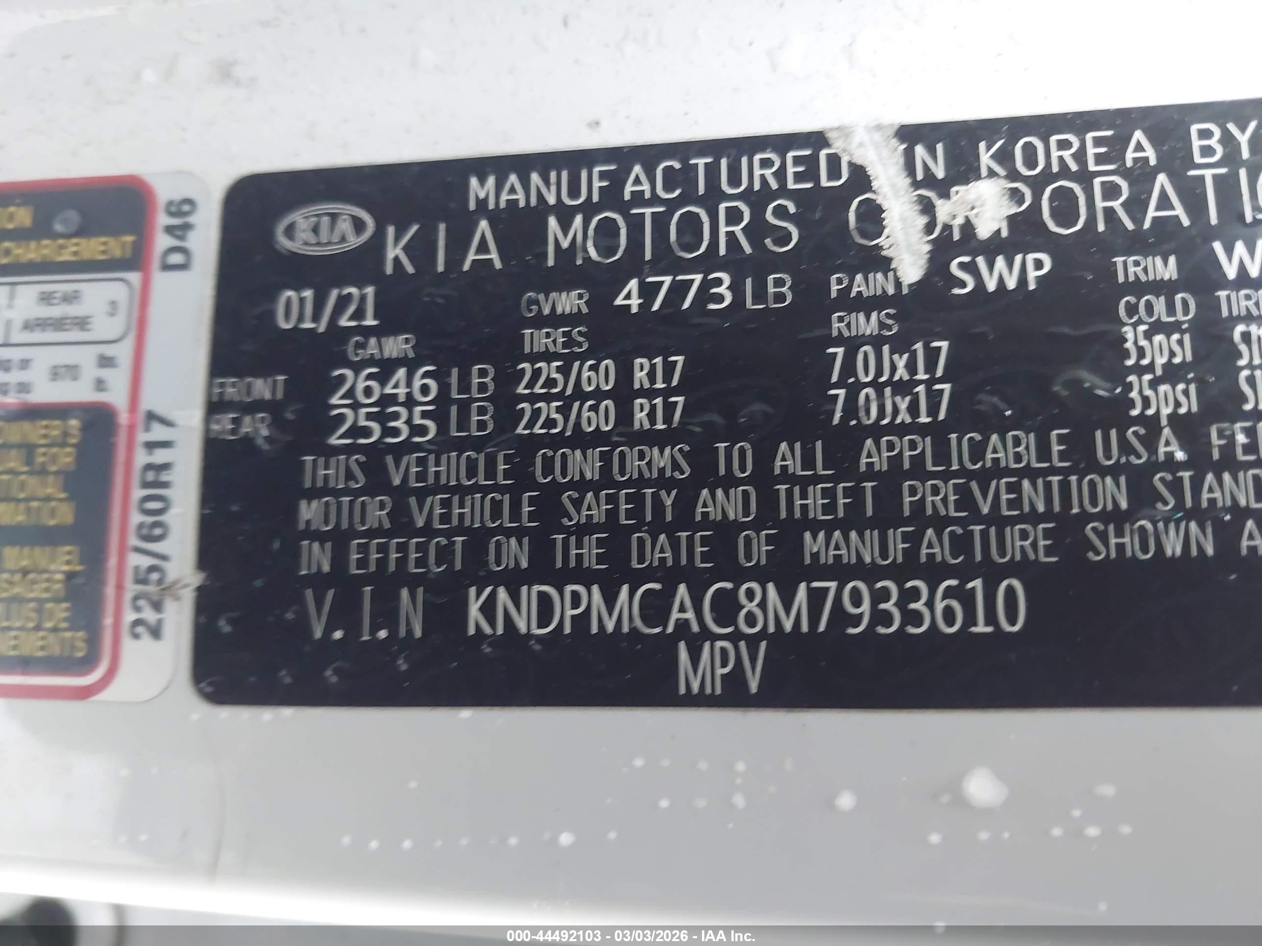 2021 Kia Sportage Lx White vin: KNDPMCAC8M7933610