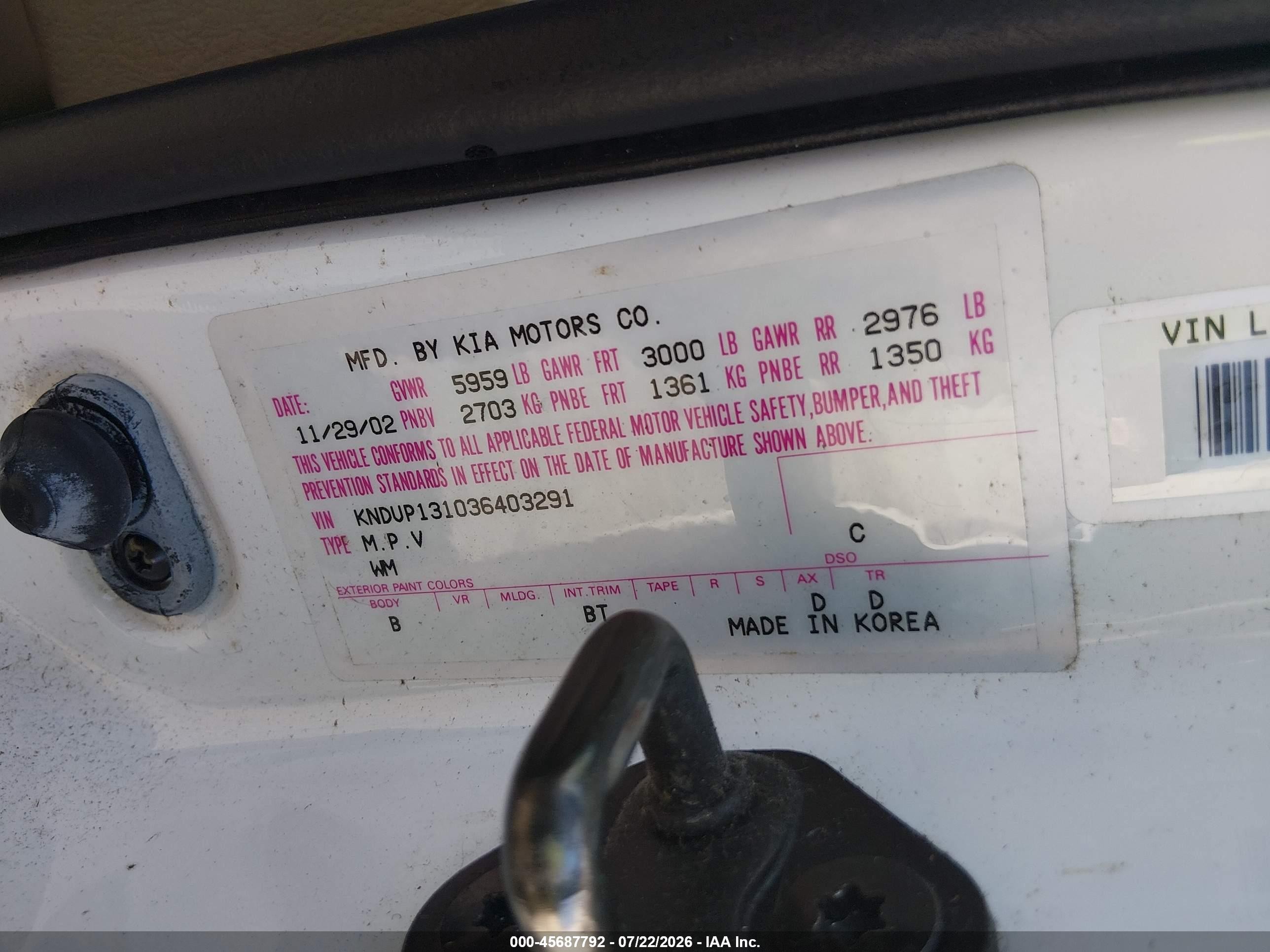 2003 Kia Sedona Ex/lx White vin: KNDUP131036403291