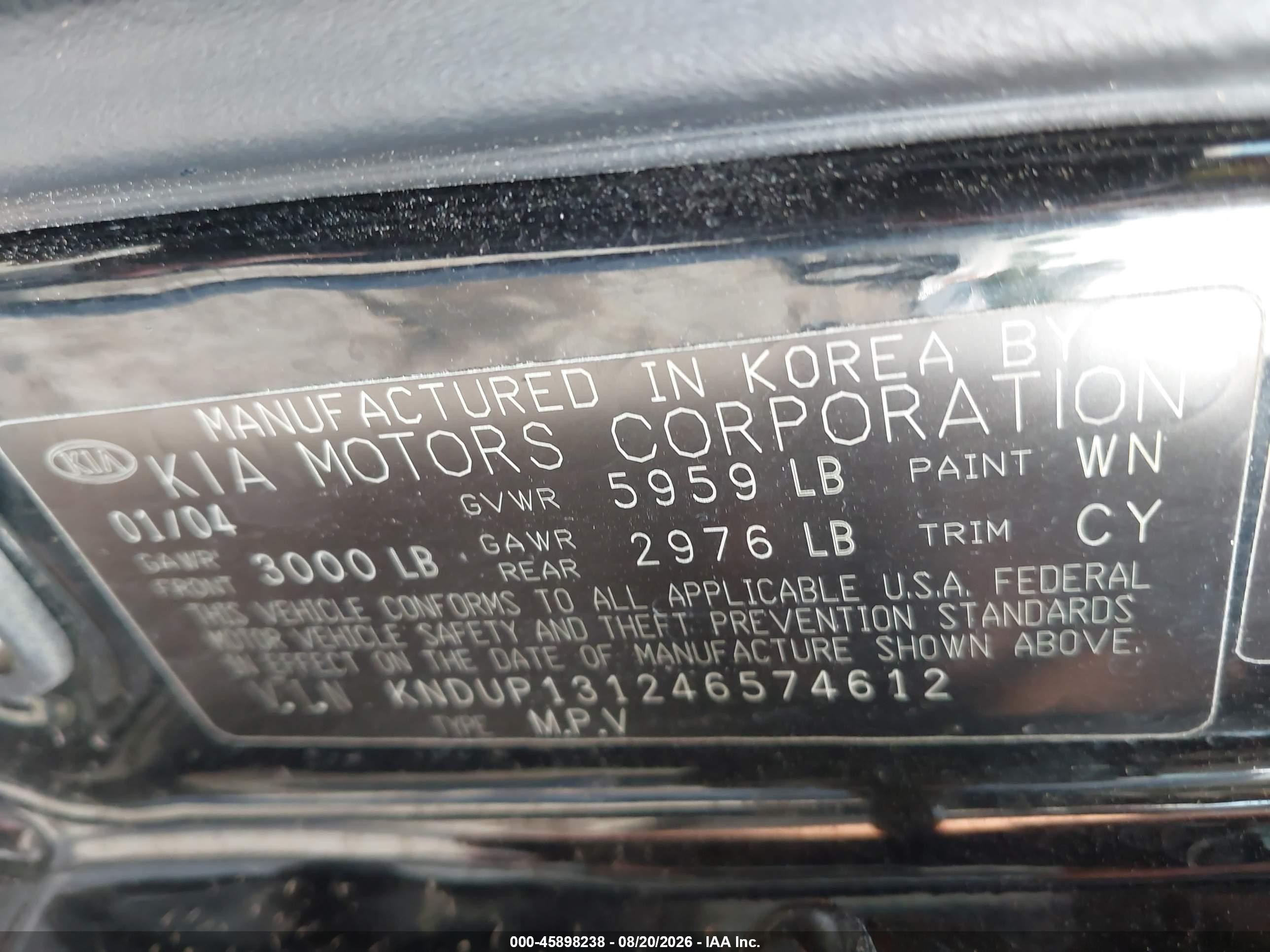 2004 Kia Sedona Ex/lx Black vin: KNDUP131246574612