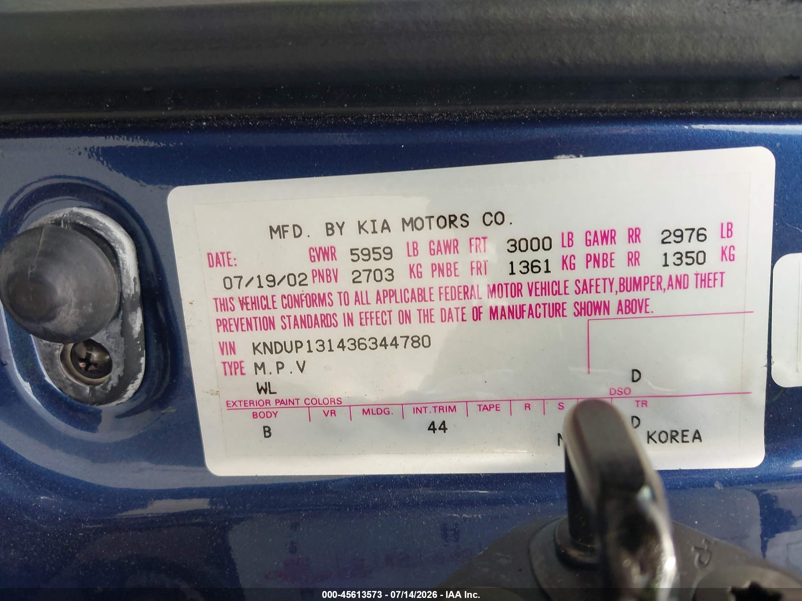 2003 Kia Sedona Ex/lx Синий vin: KNDUP131436344780