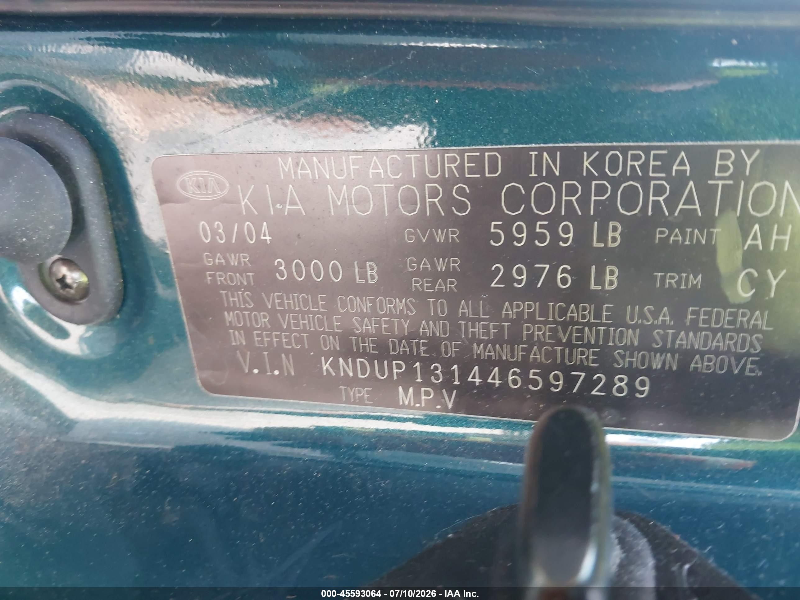 2004 Kia Sedona Ex/lx Green vin: KNDUP131446597289