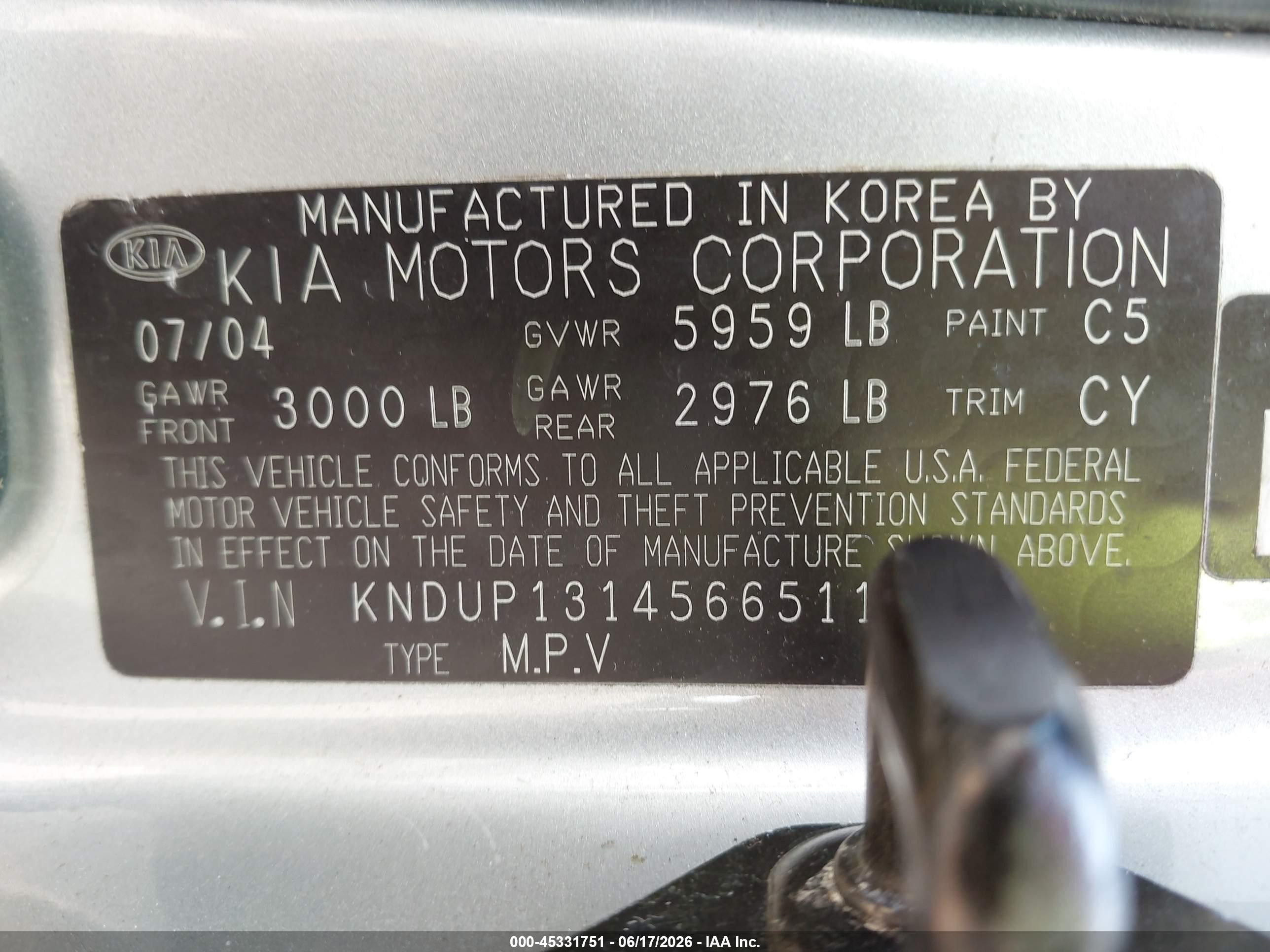 2005 Kia Sedona Ex/lx Silver vin: KNDUP131456651188