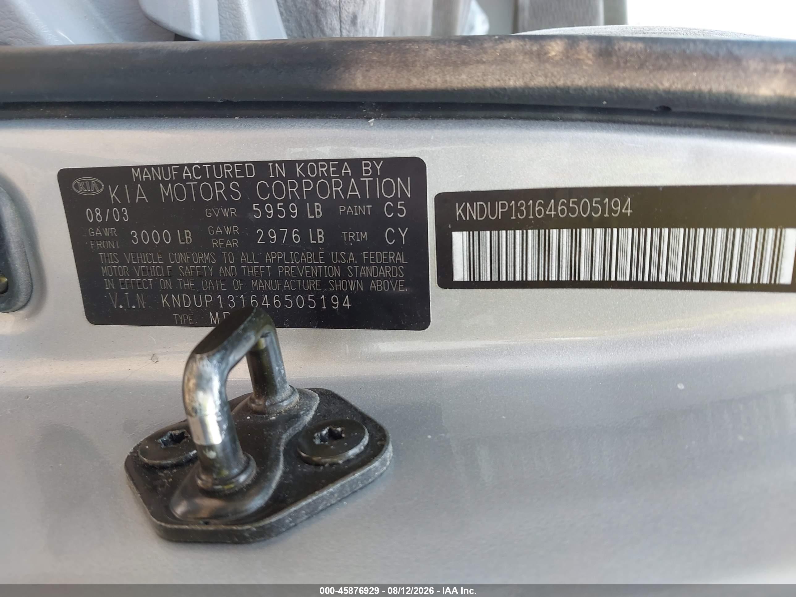 2004 Kia Sedona Ex/lx Silver vin: KNDUP131646505194