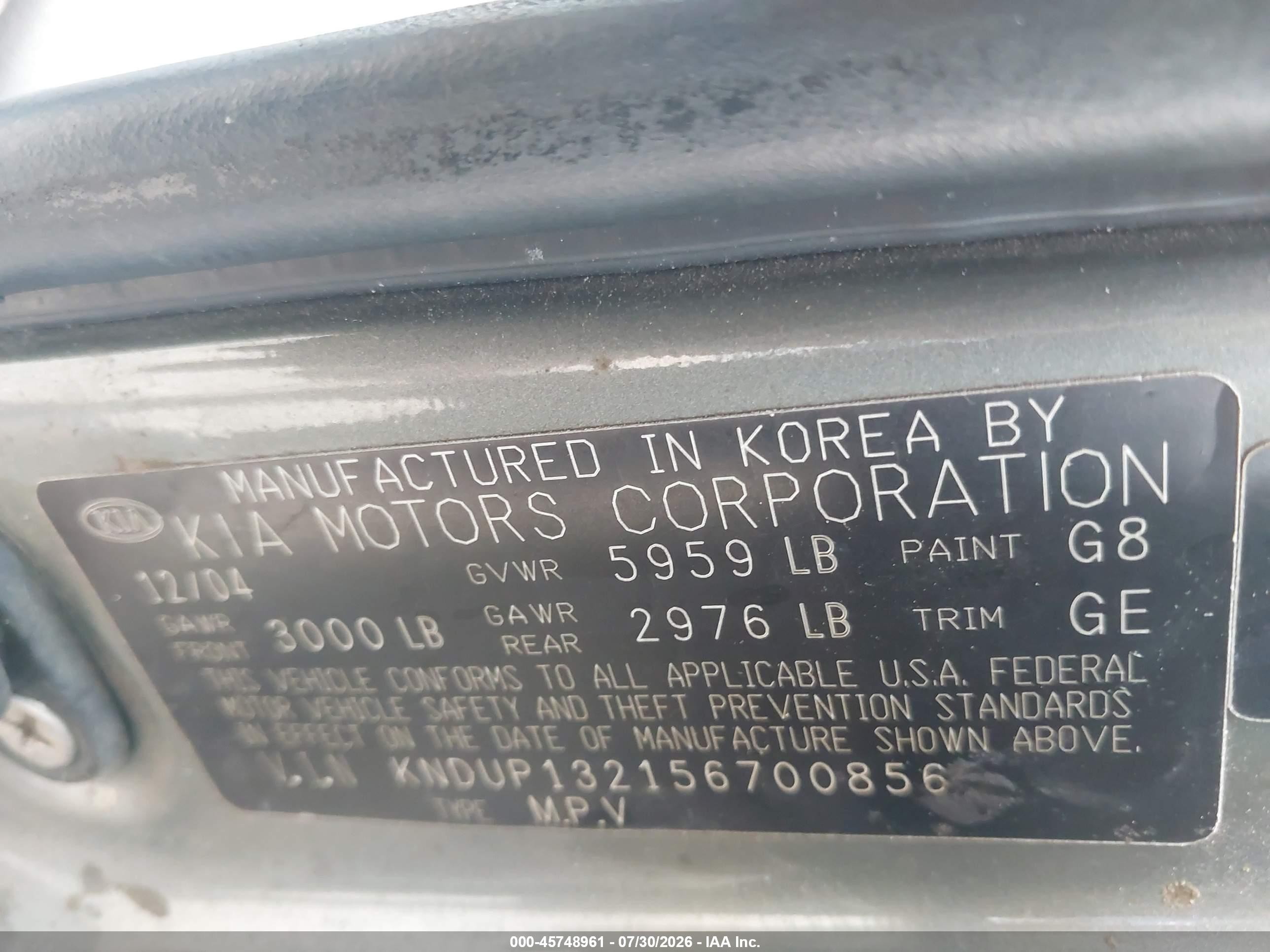 2005 Kia Sedona Ex/lx Gray vin: KNDUP132156700856