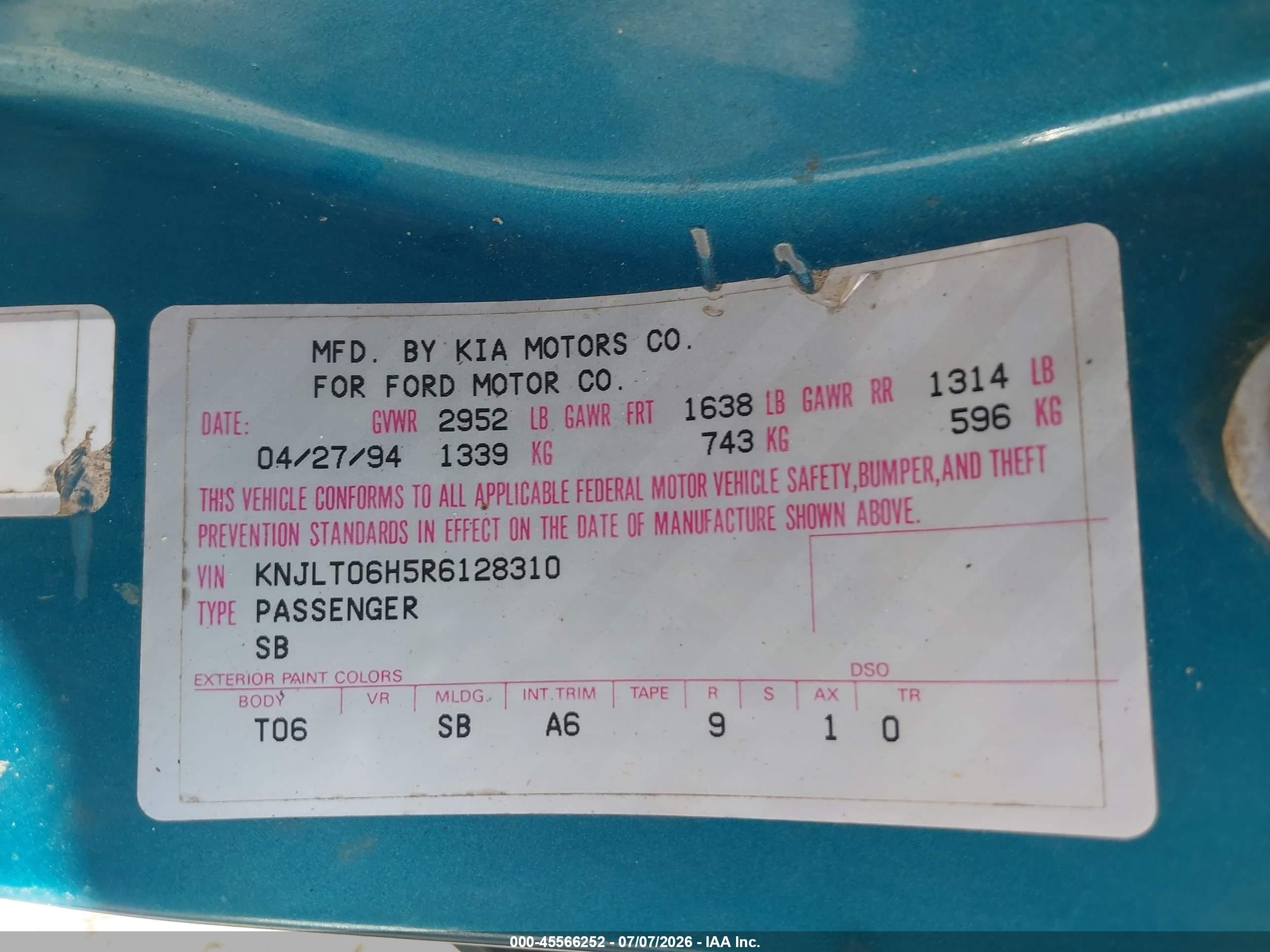 1994 Ford Aspire   Blue vin: KNJLT06H5R6128310