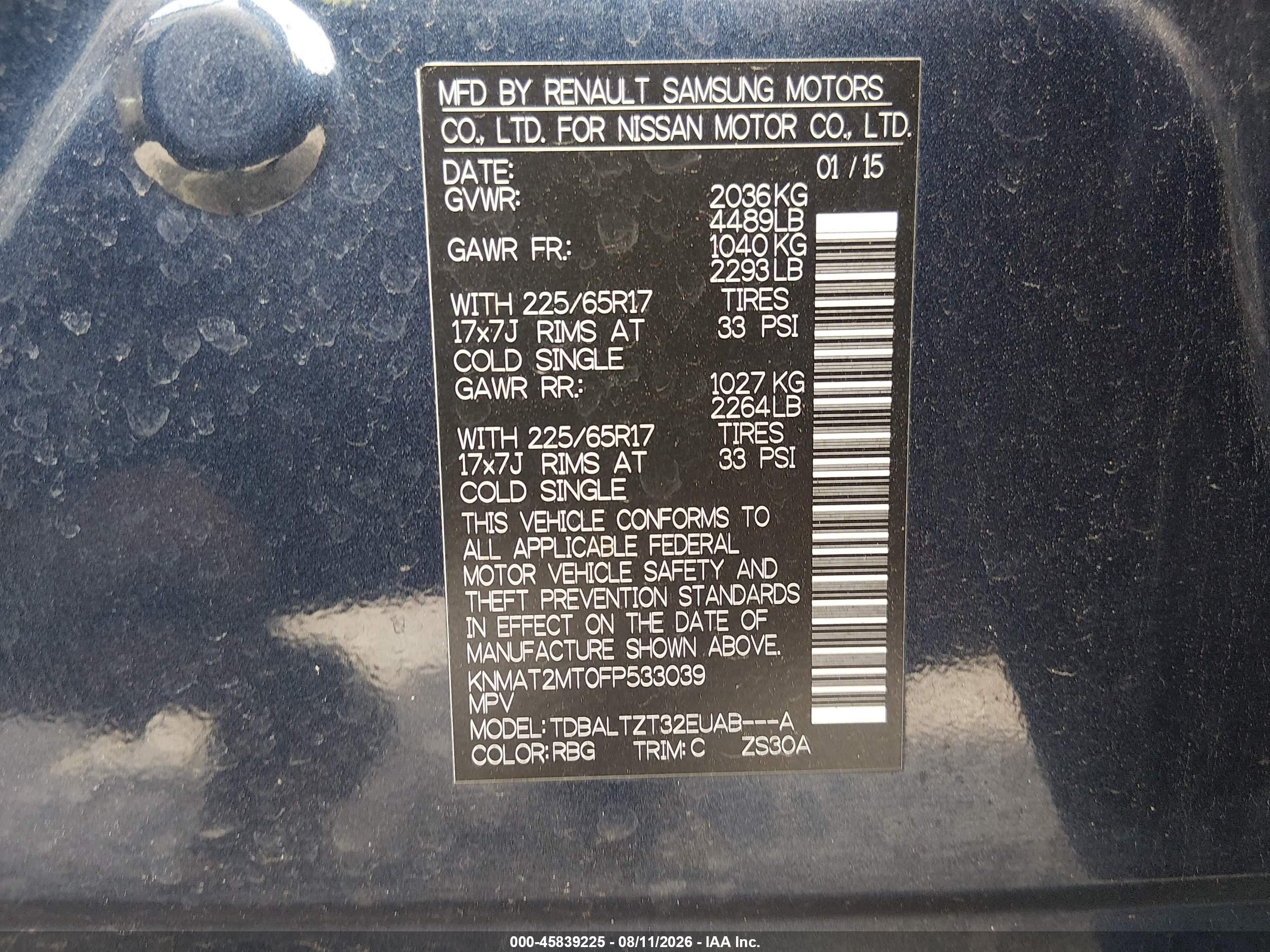 2015 Nissan Rogue Sv Blue vin: KNMAT2MT0FP533039