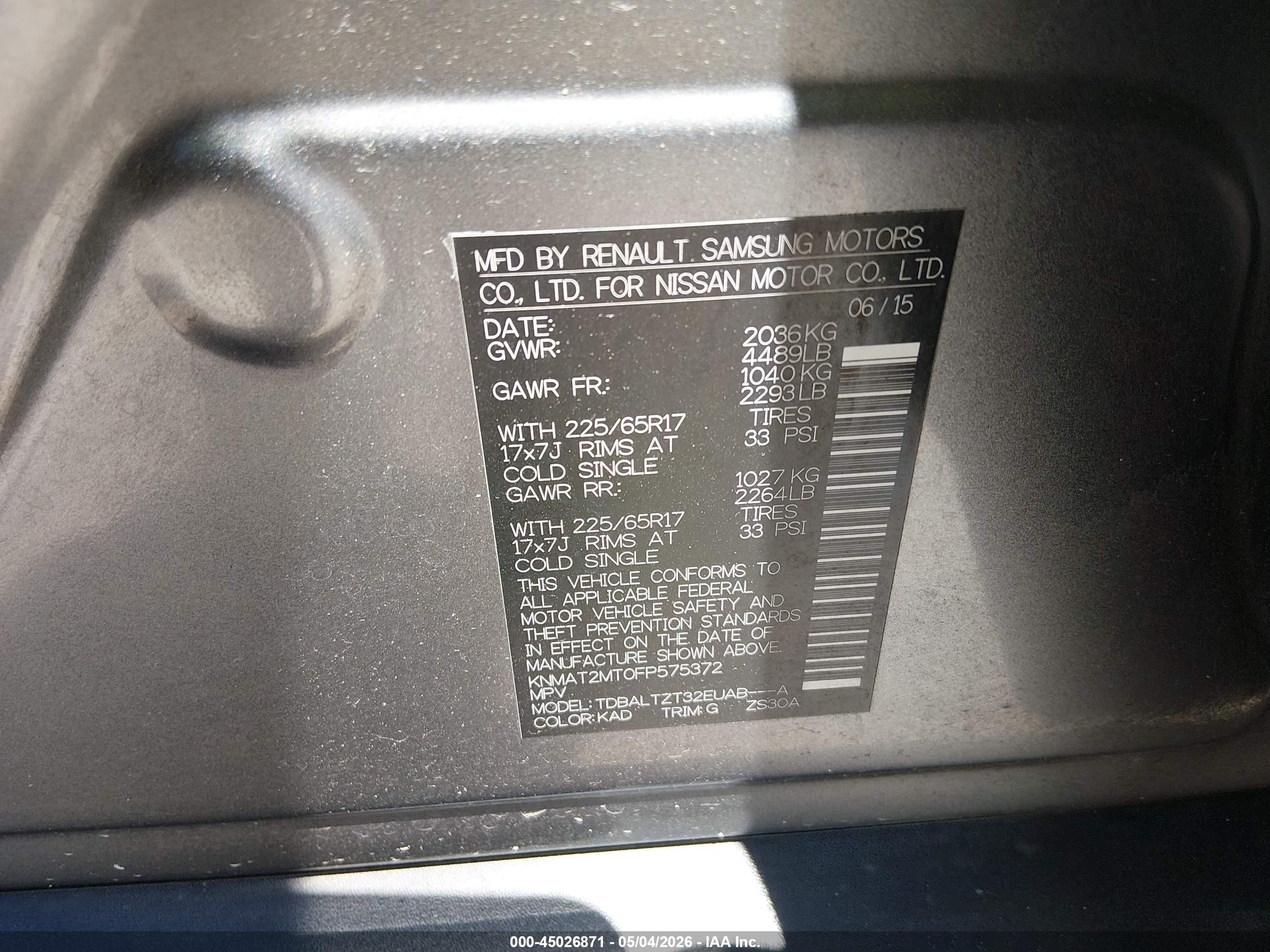 2015 Nissan Rogue Sv Gray vin: KNMAT2MT0FP575372
