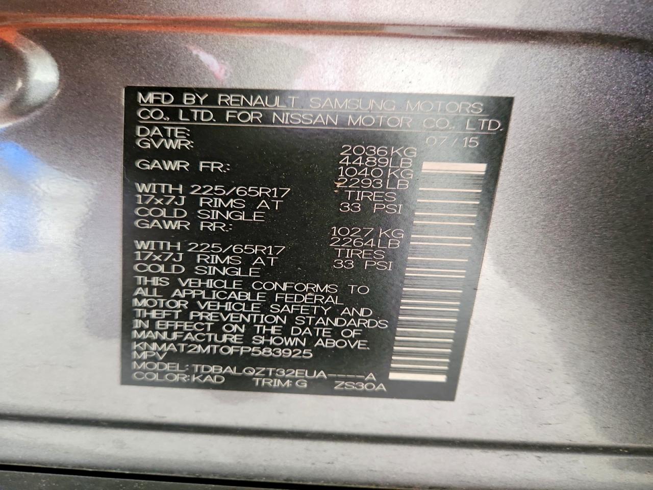 2015 Nissan Rogue Sv Gray vin: KNMAT2MT0FP583925