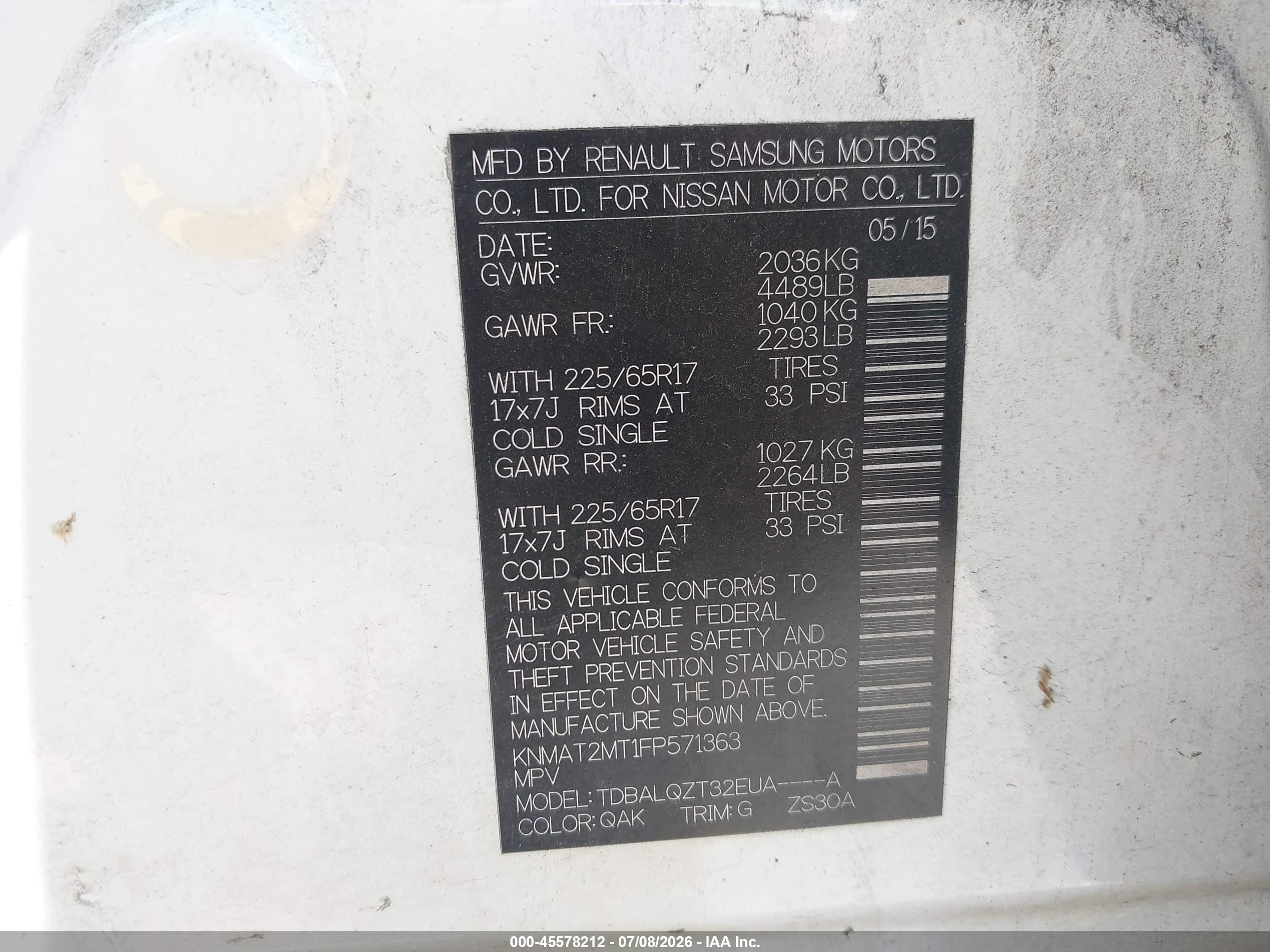 2015 Nissan Rogue Sv White vin: KNMAT2MT1FP571363