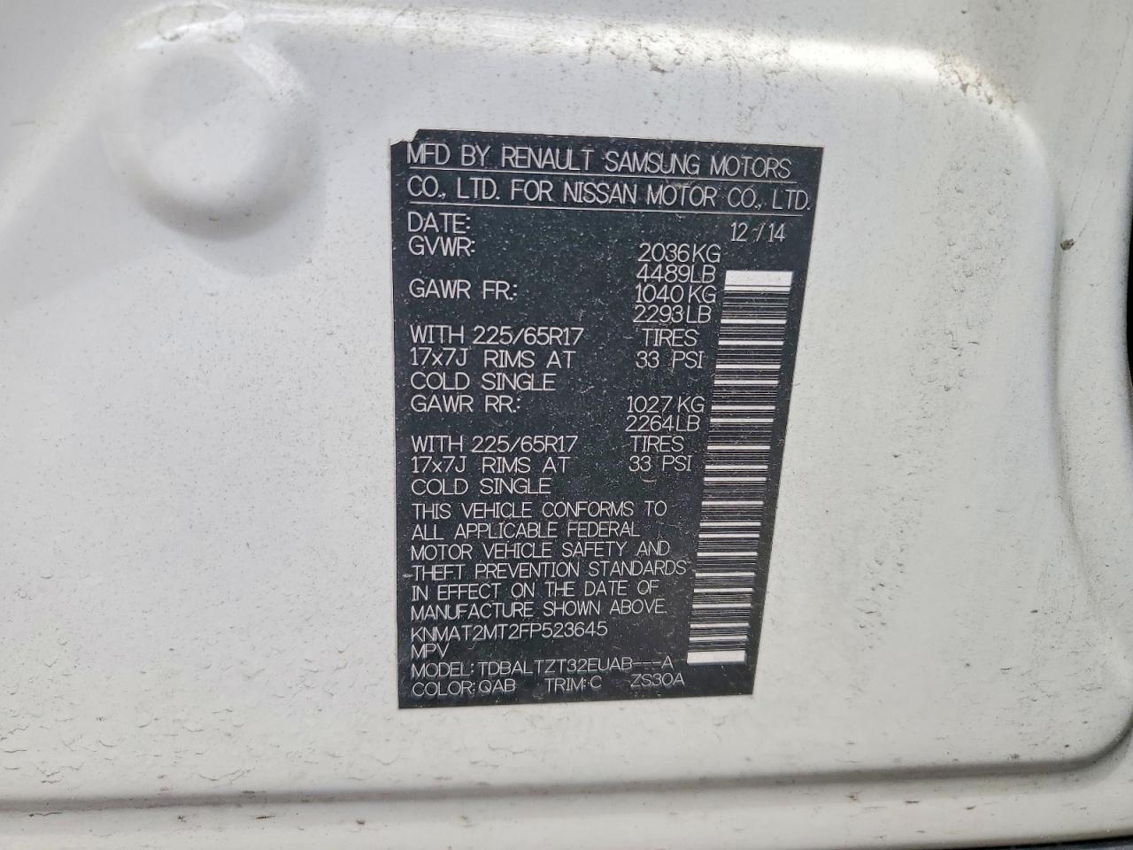 2015 Nissan Rogue Sv White vin: KNMAT2MT2FP523645