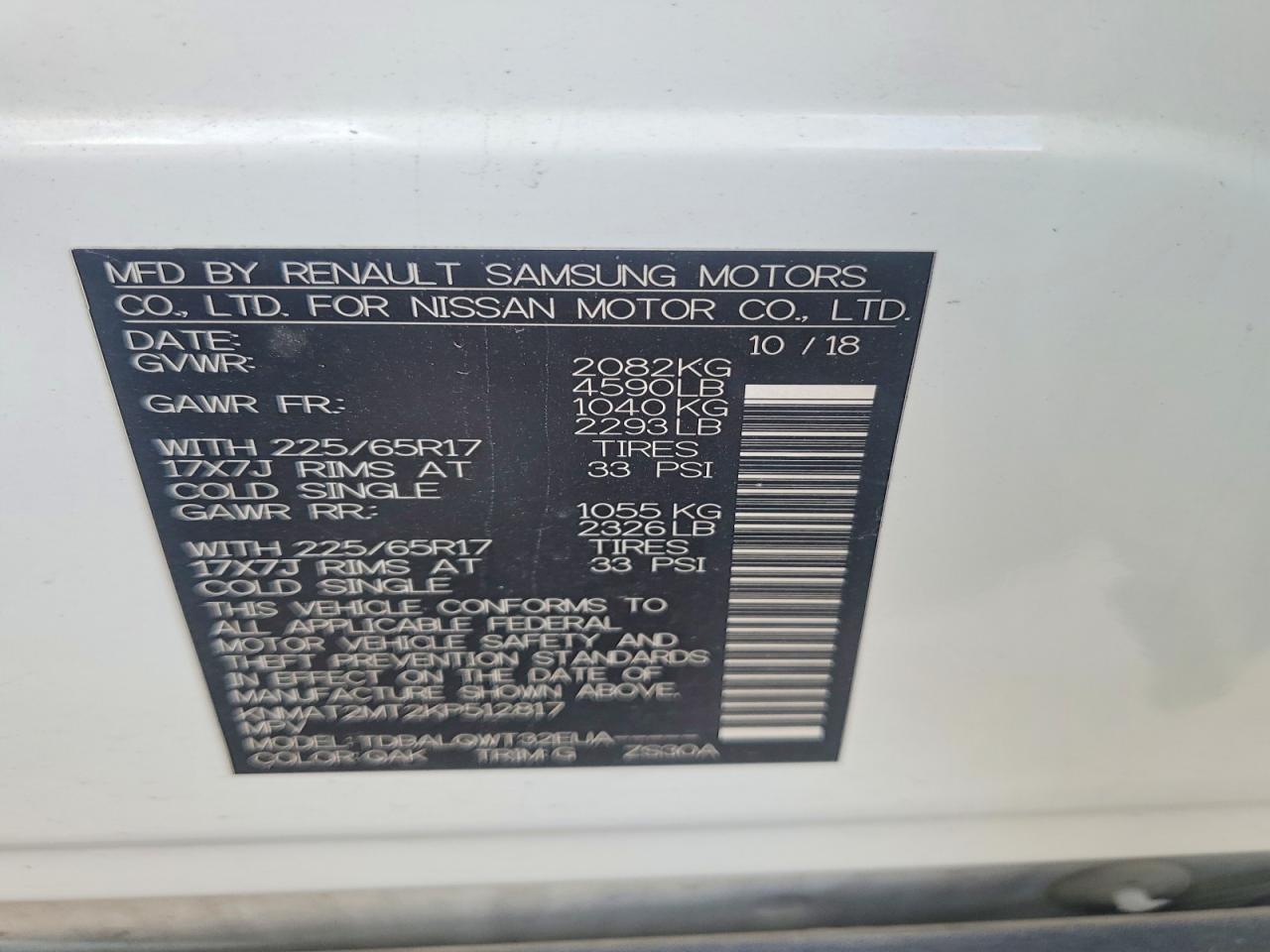 2019 Nissan Rogue Sv White vin: KNMAT2MT2KP512817