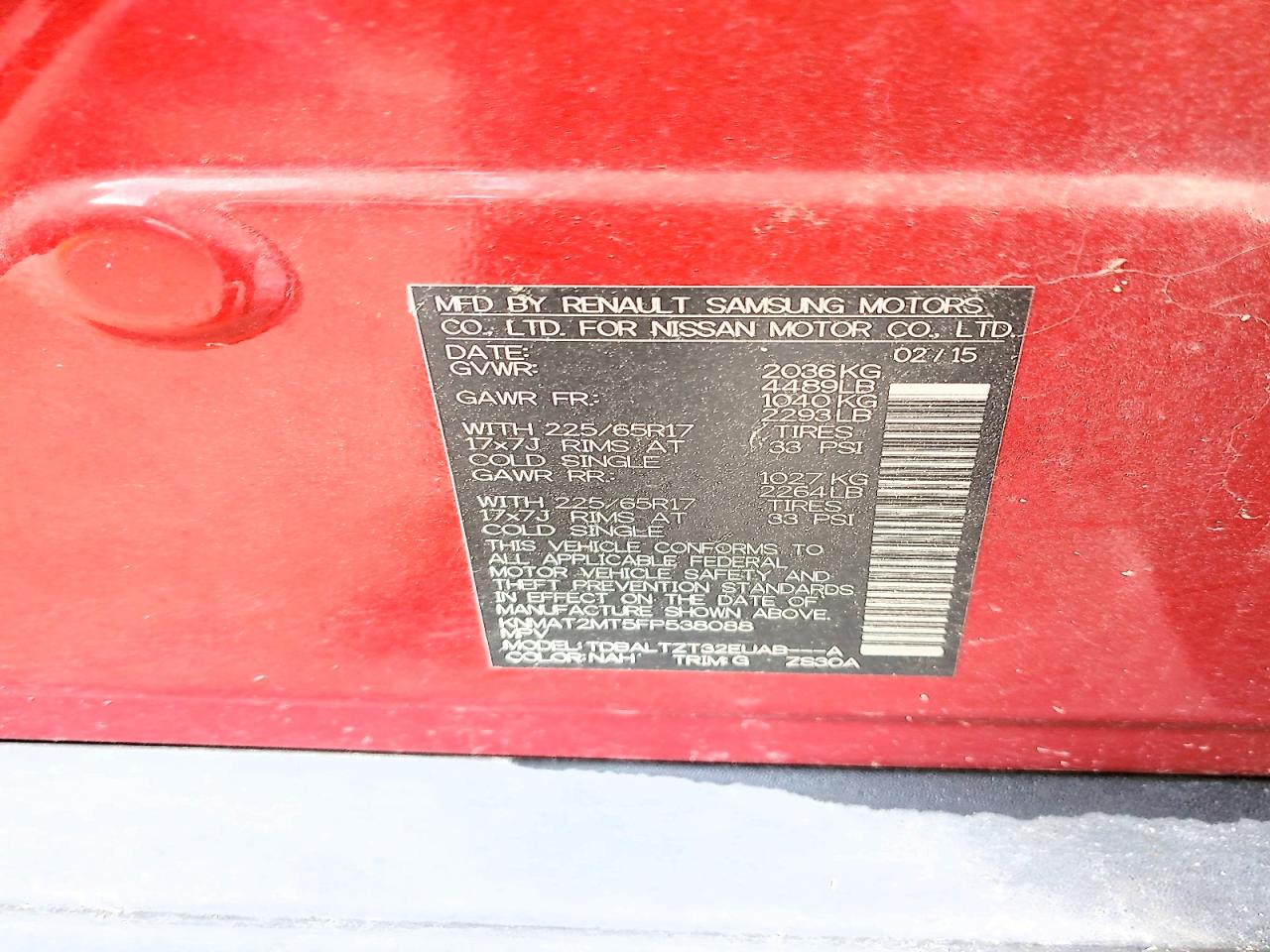 2015 Nissan Rogue Sv Red vin: KNMAT2MT5FP538088